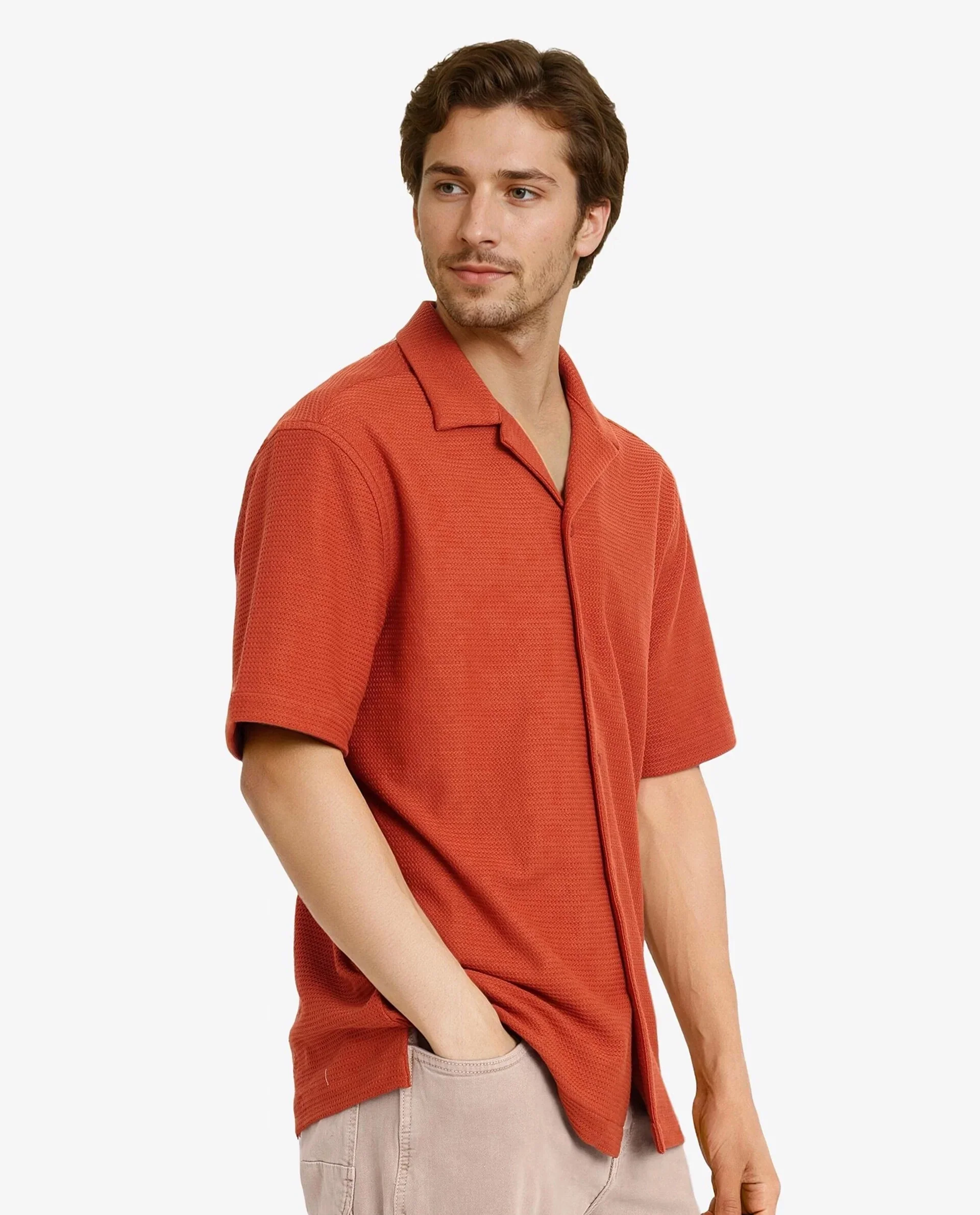 Rare Rabbit Men's Site Ss Rust Cotton Plain Boxy Fit Half Sleeve Cuban Collar Shirt - Image 8