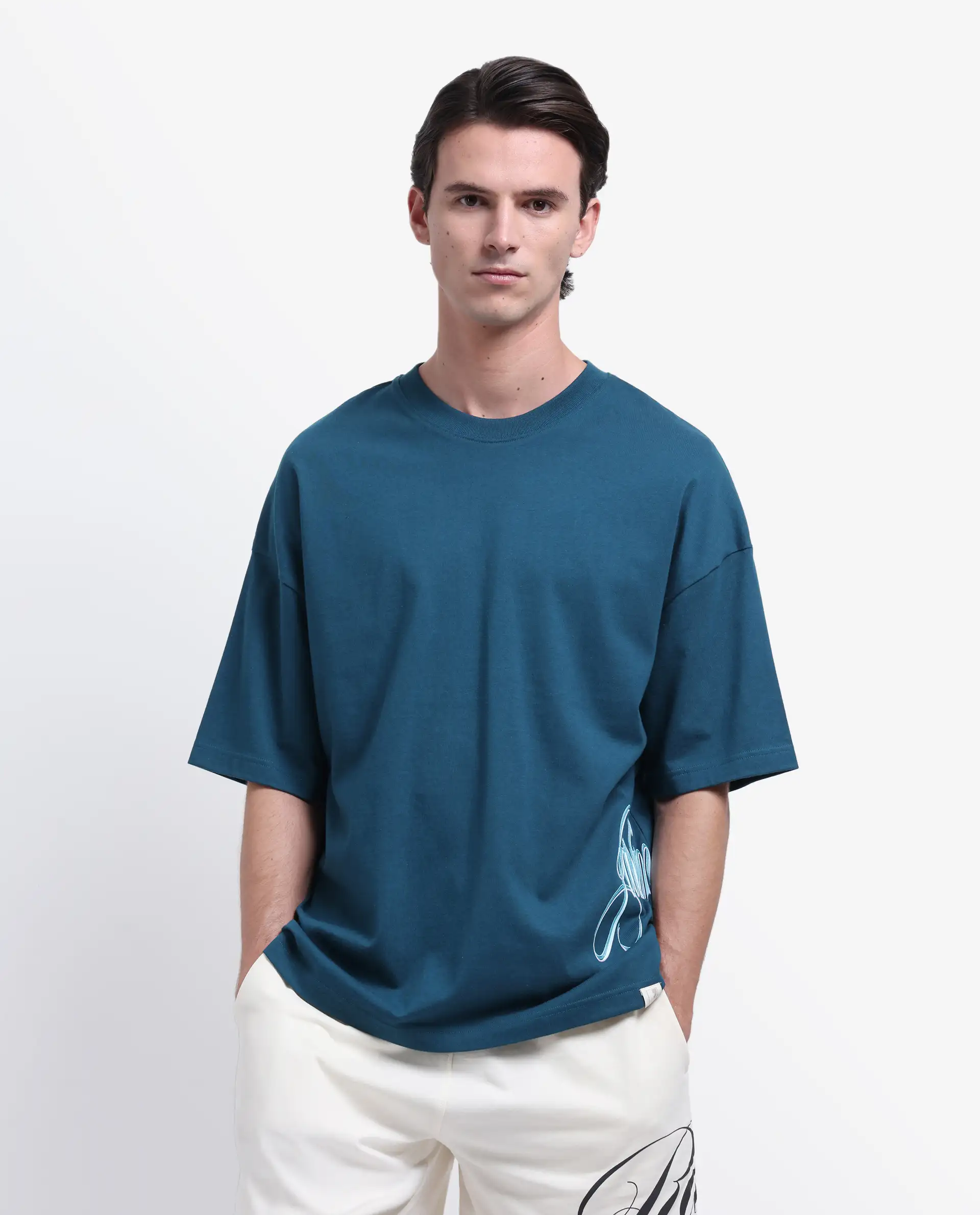 Rare Rabbit Men's Siwa Dark Teal Cotton Printed Oversized Fit Half Sleeve Crew Neck T-Shirt - Image 3