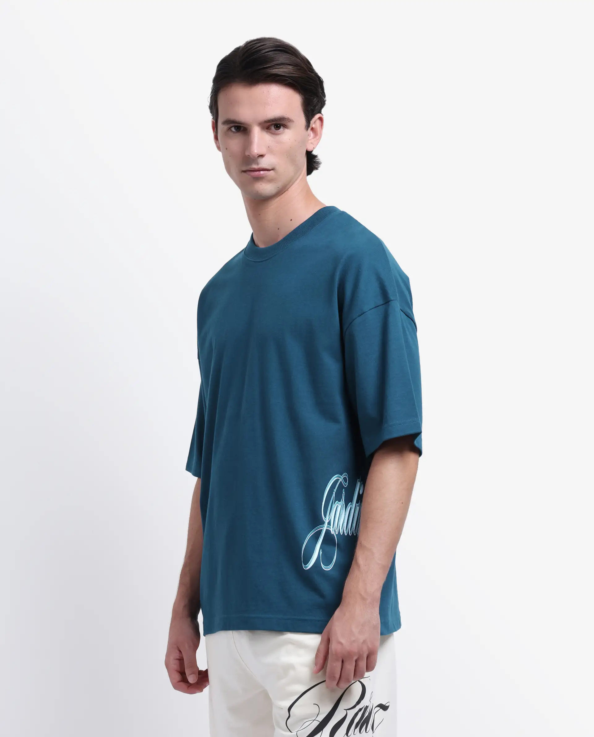 Rare Rabbit Men's Siwa Dark Teal Cotton Printed Oversized Fit Half Sleeve Crew Neck T-Shirt - Image 4
