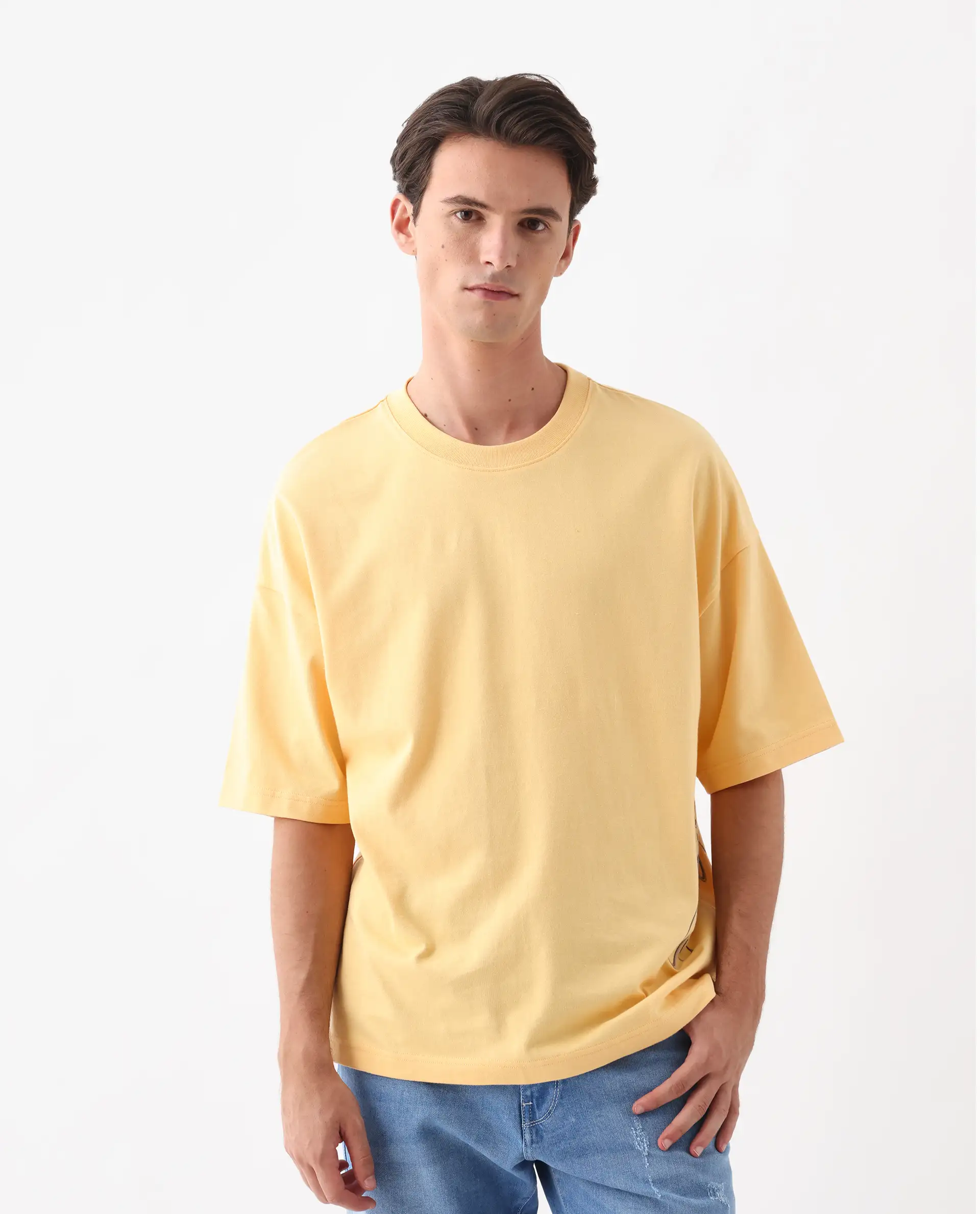 Rare Rabbit Men's Siwa Light Yellow Cotton Graphic Print Oversized Fit Half Sleeve Crew Neck T-Shirt - Image 4