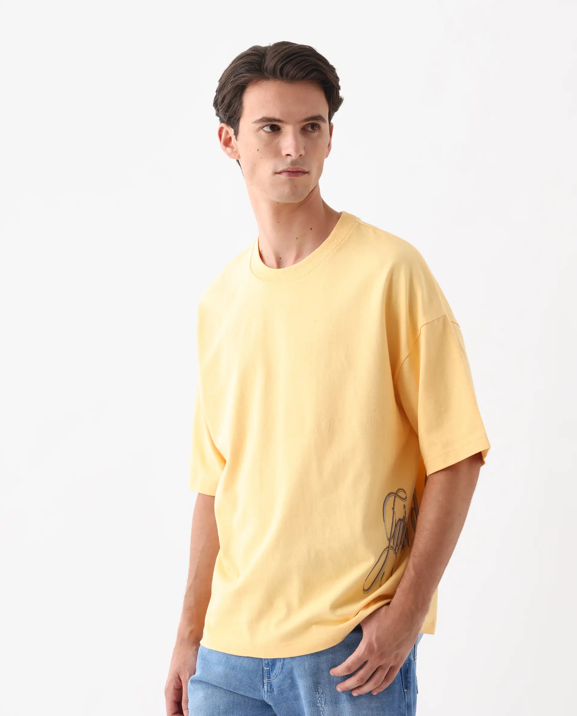 Rare Rabbit Men's Siwa Light Yellow Cotton Graphic Print Oversized Fit Half Sleeve Crew Neck T-Shirt - Image 5