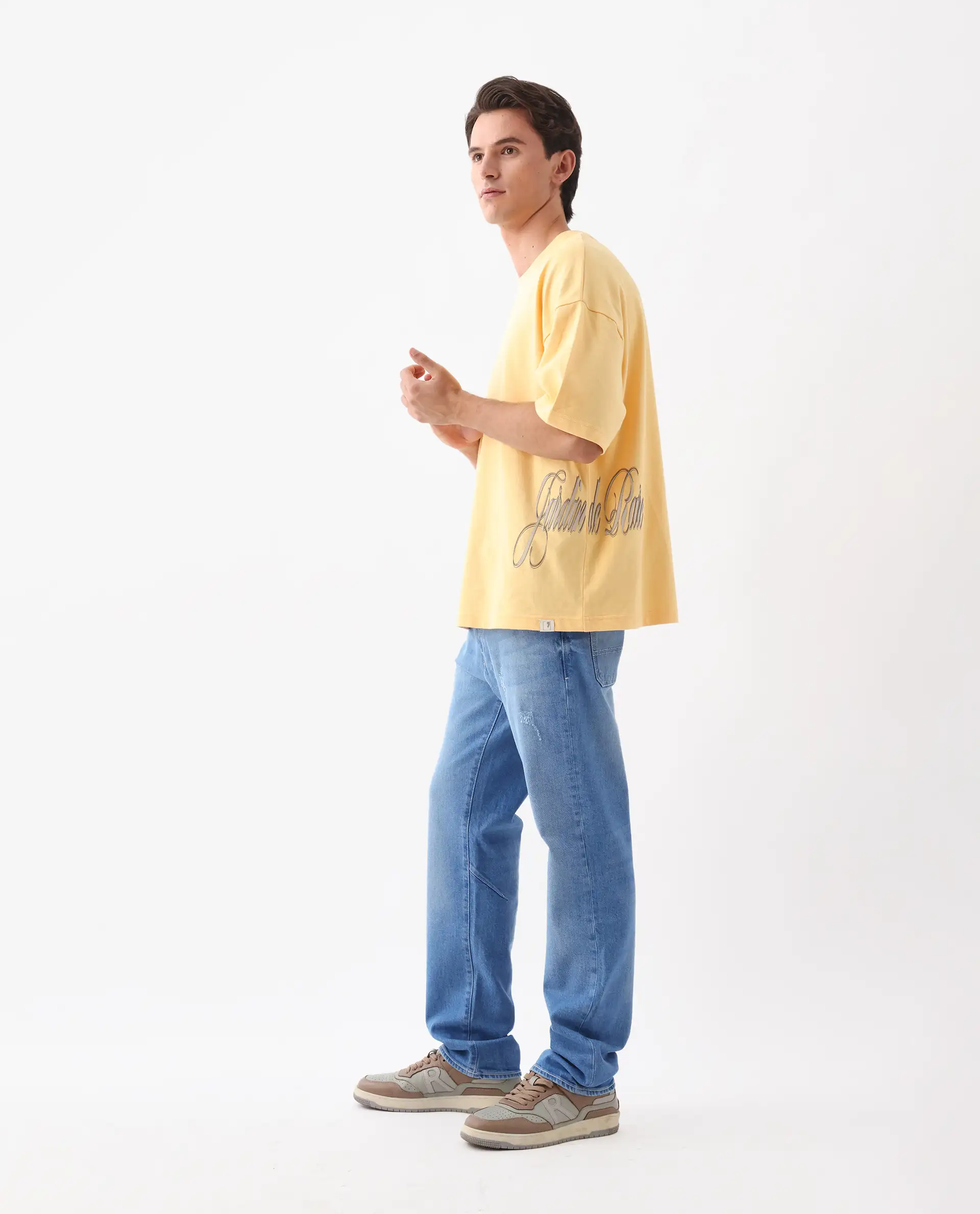 Rare Rabbit Men's Siwa Light Yellow Cotton Graphic Print Oversized Fit Half Sleeve Crew Neck T-Shirt - Image 7
