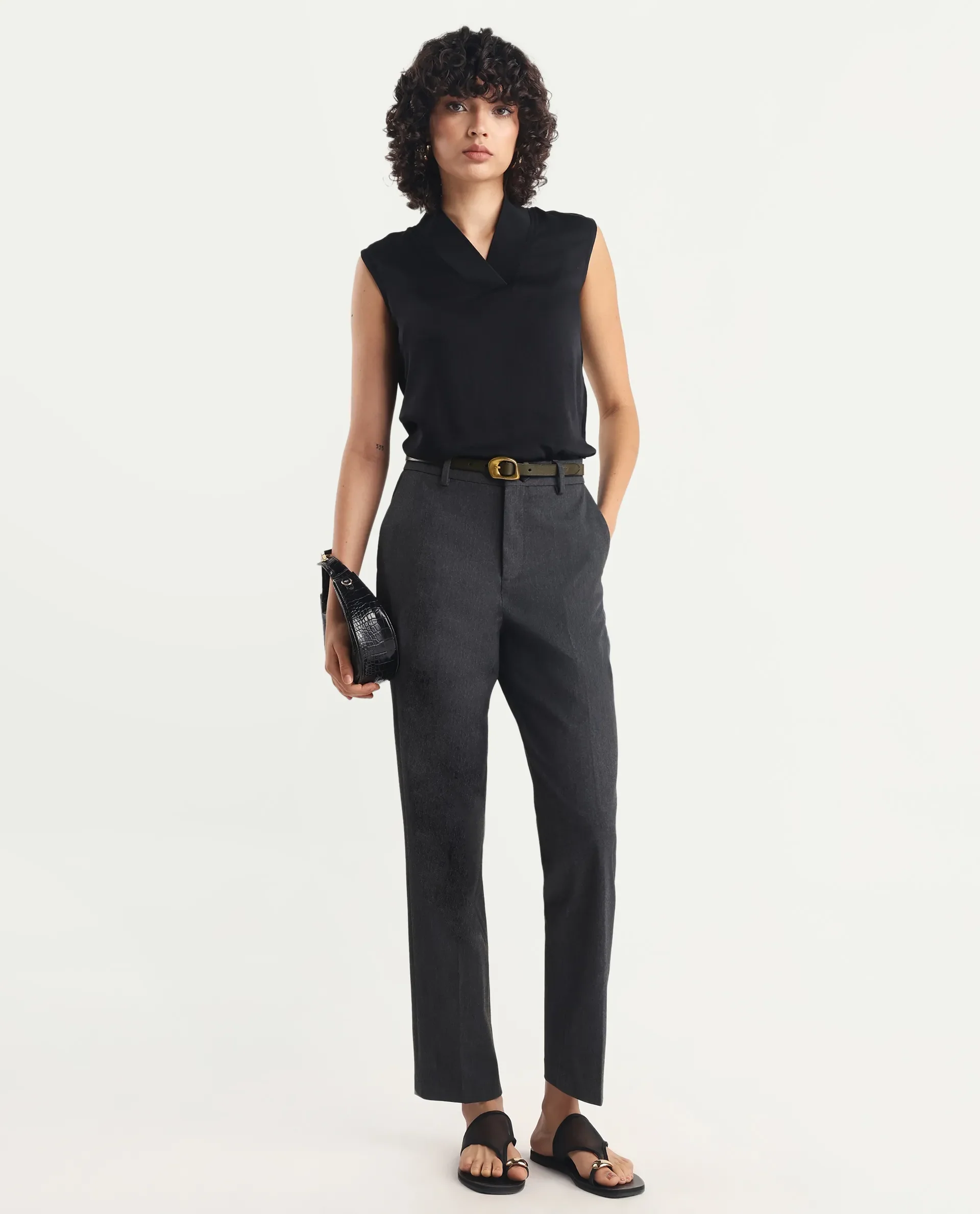 Rareism Women's Siyar Black Satin V-Neck Plain Sleeveless Regular Fit Top - Image 2