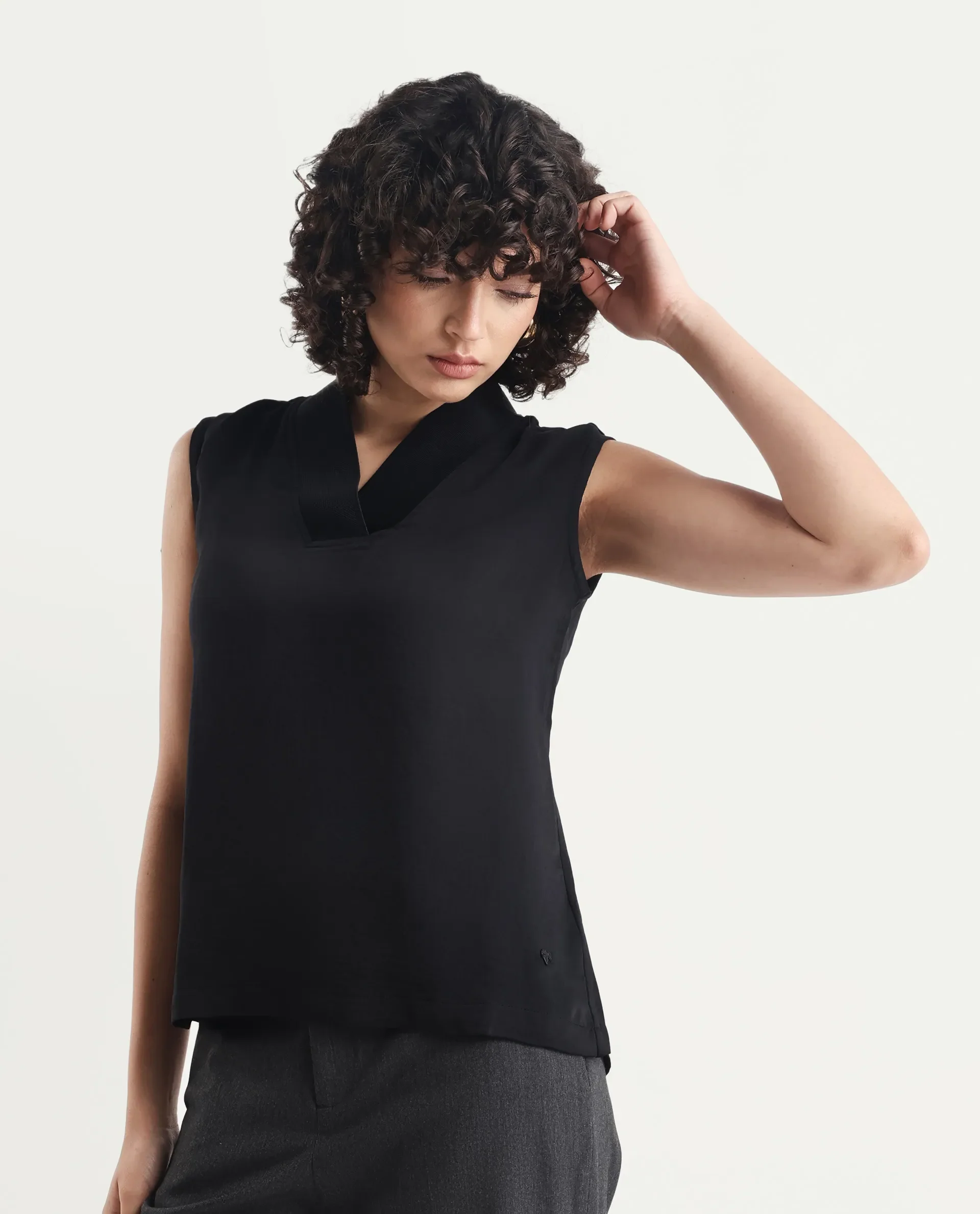 Rareism Women's Siyar Black Satin V-Neck Plain Sleeveless Regular Fit Top - Image 6
