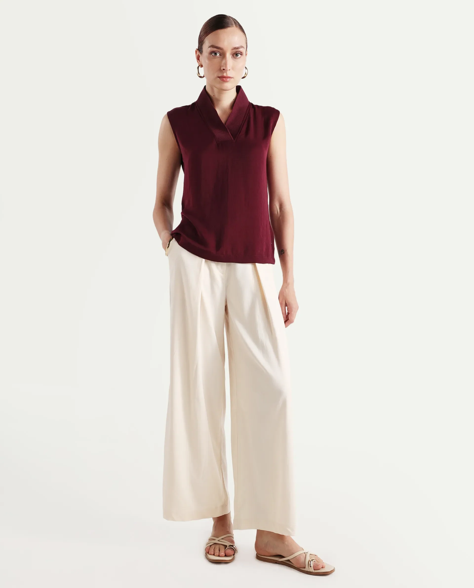 Rareism Women's Siyar Maroon Satin V-Neck Plain Sleeveless Regular Fit Top - Image 2