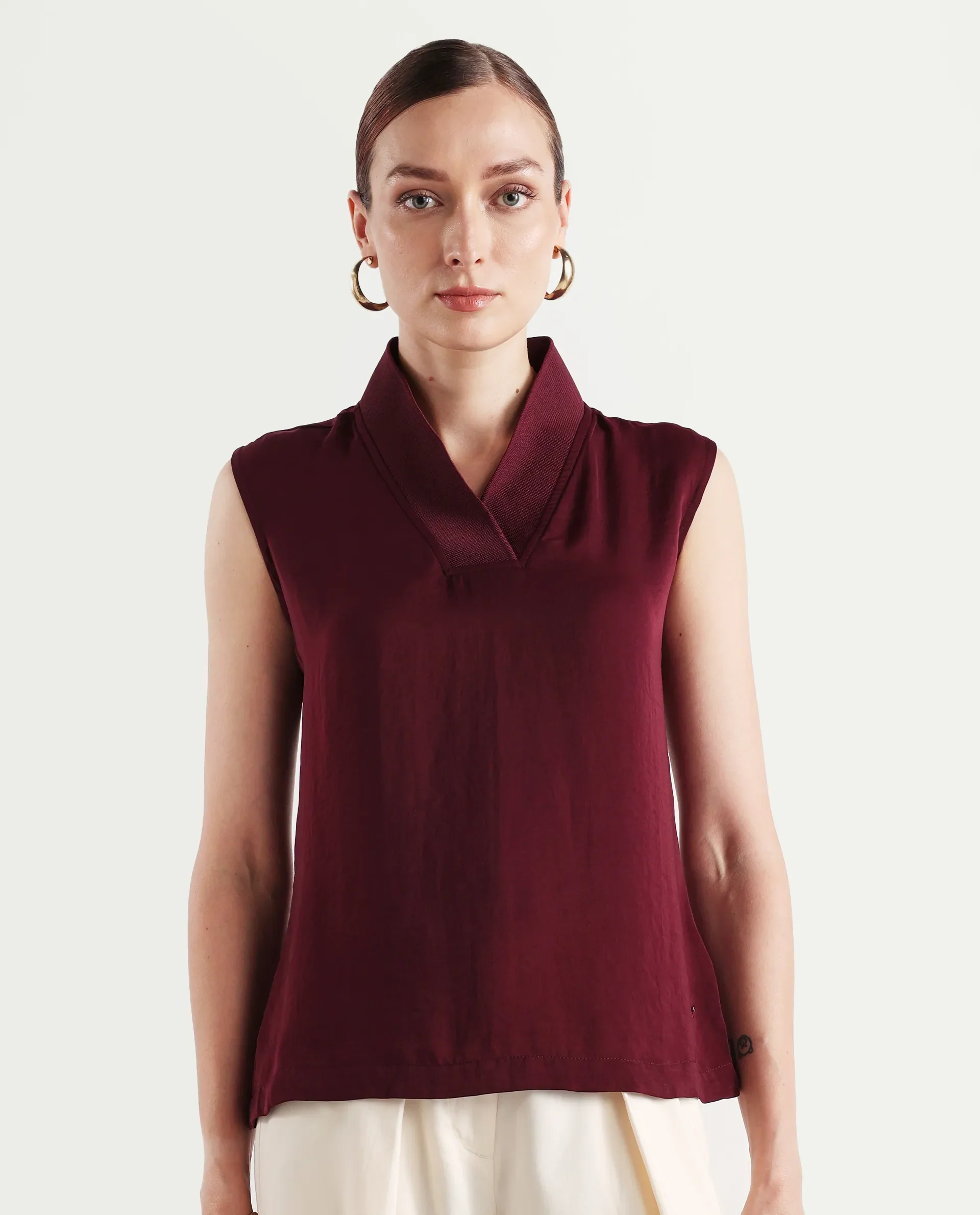 Rareism Women's Siyar Maroon Satin V-Neck Plain Sleeveless Regular Fit Top - Image 3