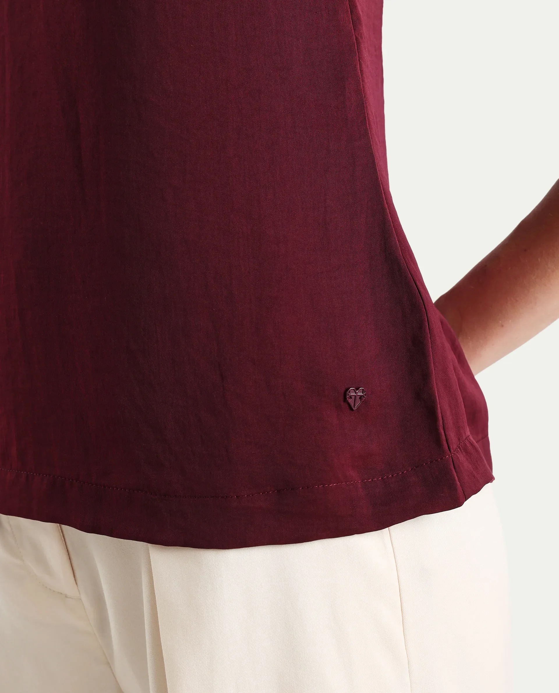 Rareism Women's Siyar Maroon Satin V-Neck Plain Sleeveless Regular Fit Top - Image 4