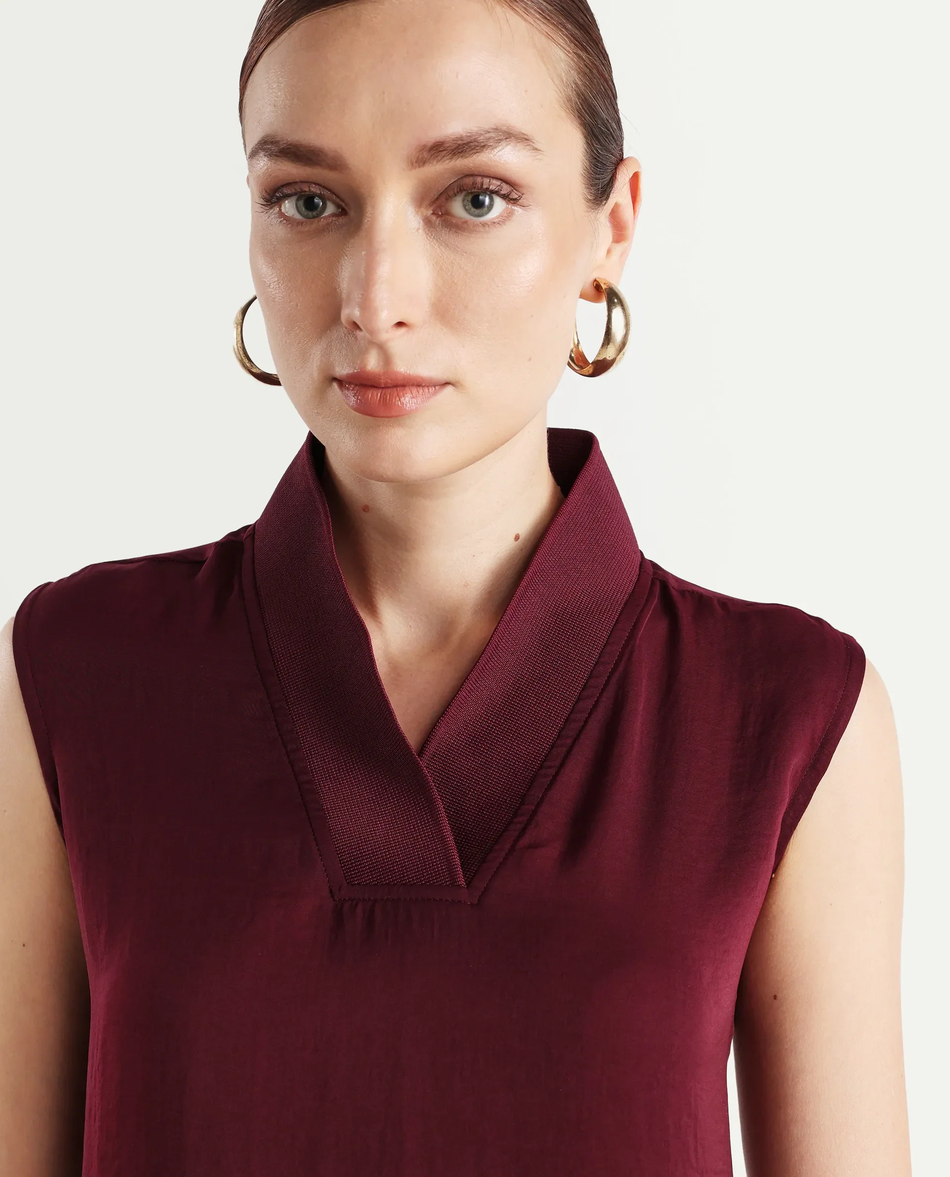 Rareism Women's Siyar Maroon Satin V-Neck Plain Sleeveless Regular Fit Top - Image 5
