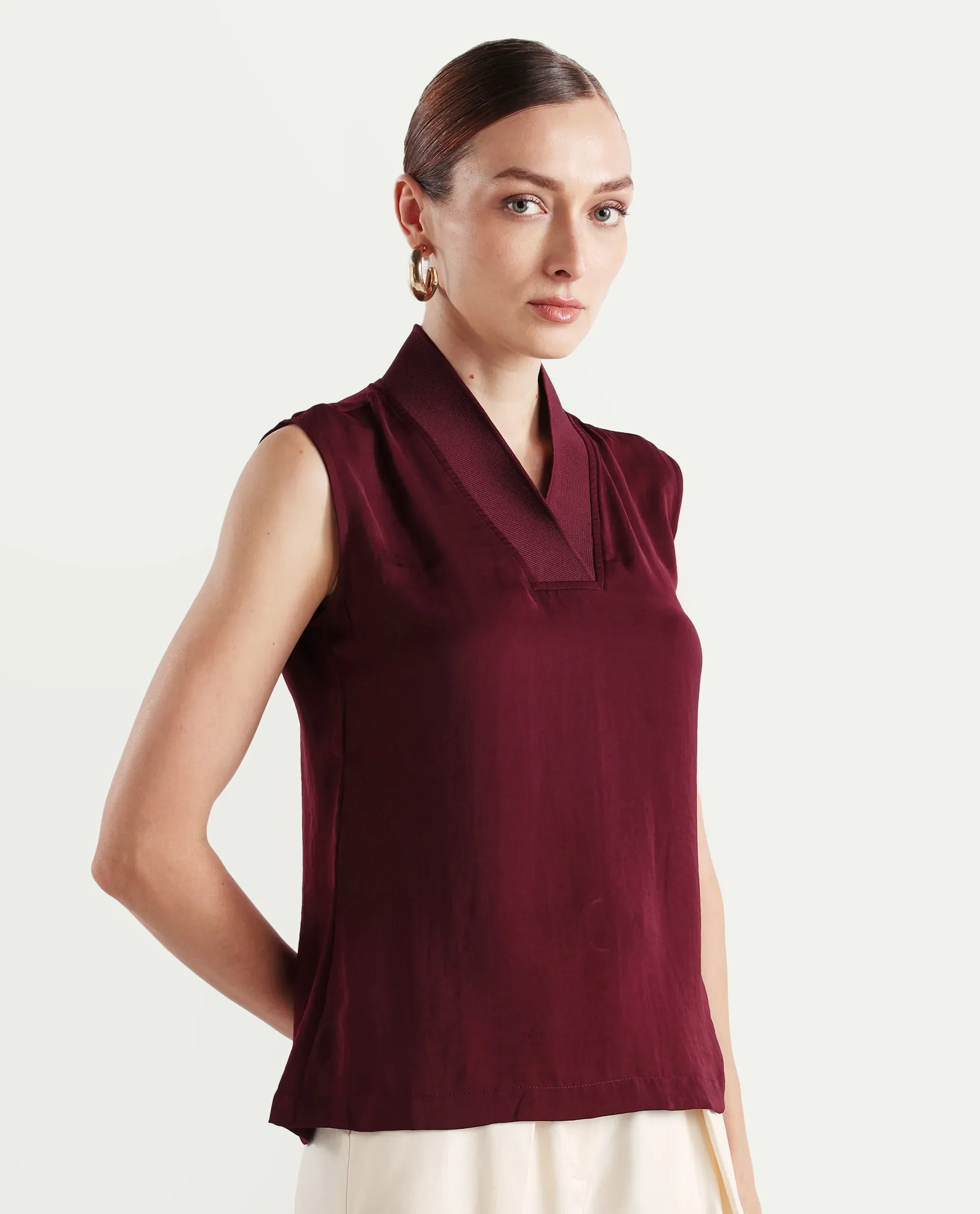 Rareism Women's Siyar Maroon Satin V-Neck Plain Sleeveless Regular Fit Top - Image 7