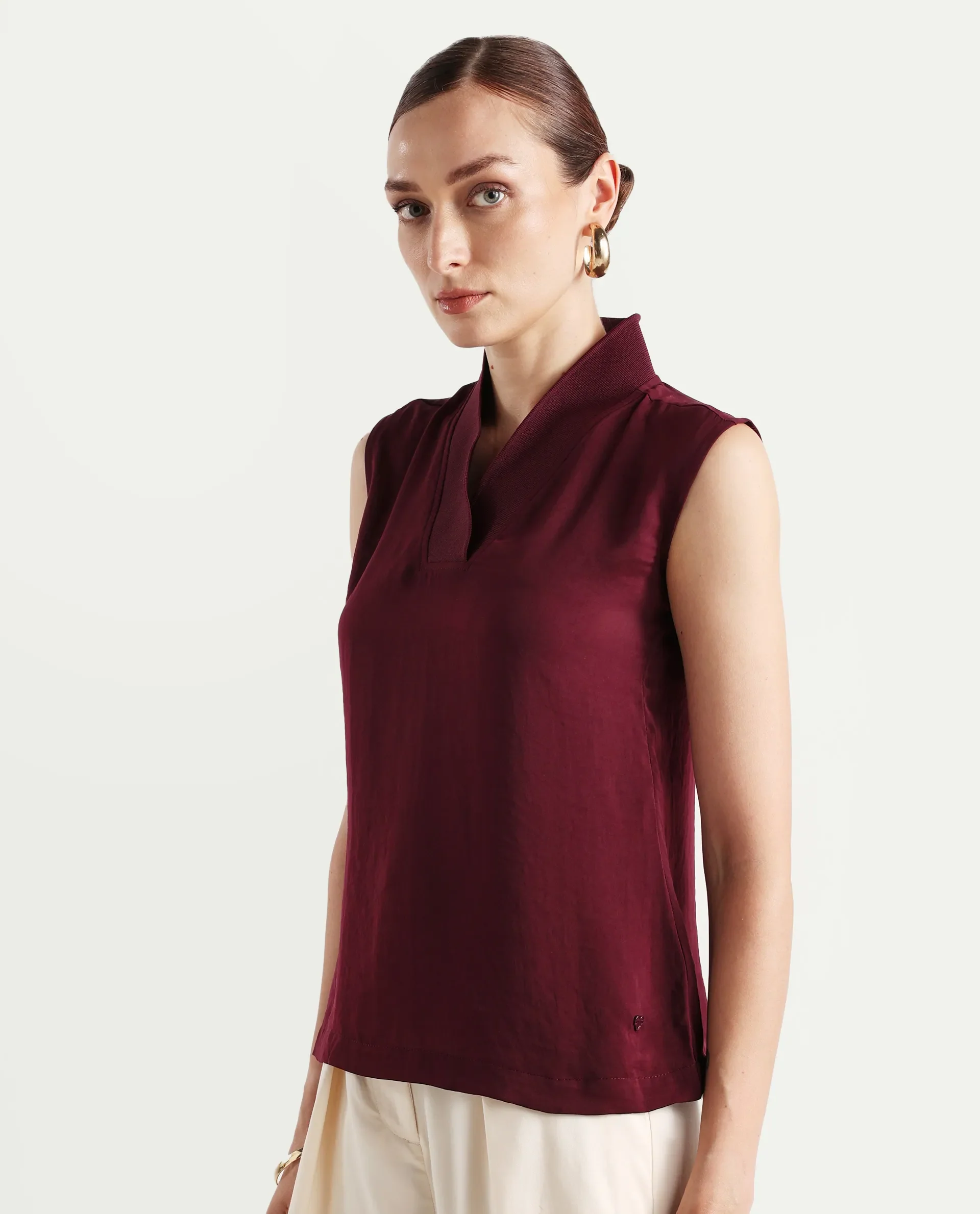 Rareism Women's Siyar Maroon Satin V-Neck Plain Sleeveless Regular Fit Top - Image 8