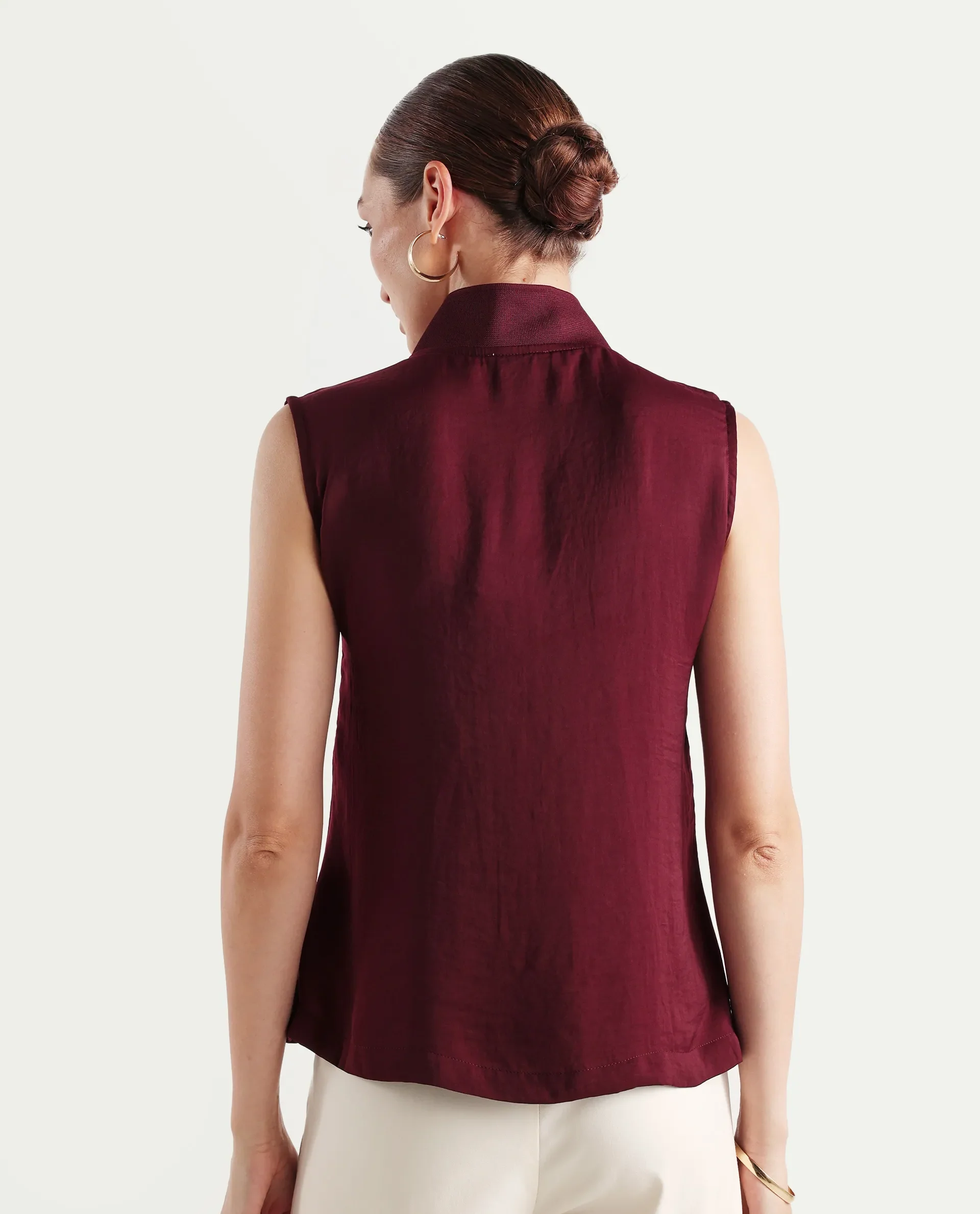 Rareism Women's Siyar Maroon Satin V-Neck Plain Sleeveless Regular Fit Top - Image 9
