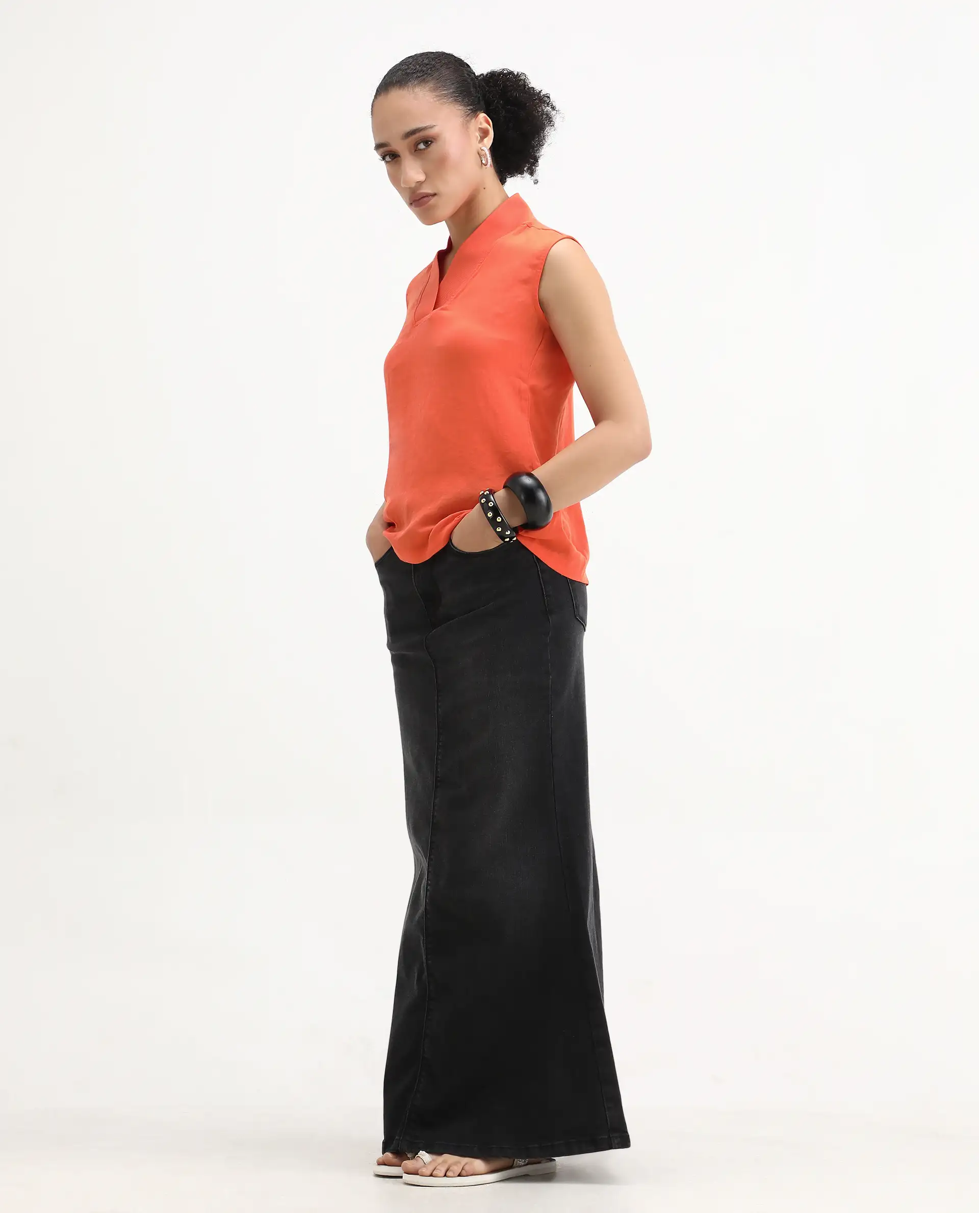 Rareism Women's Siyar Orange Satin V-Neck Plain Sleeveless Regular Fit Top - Image 2