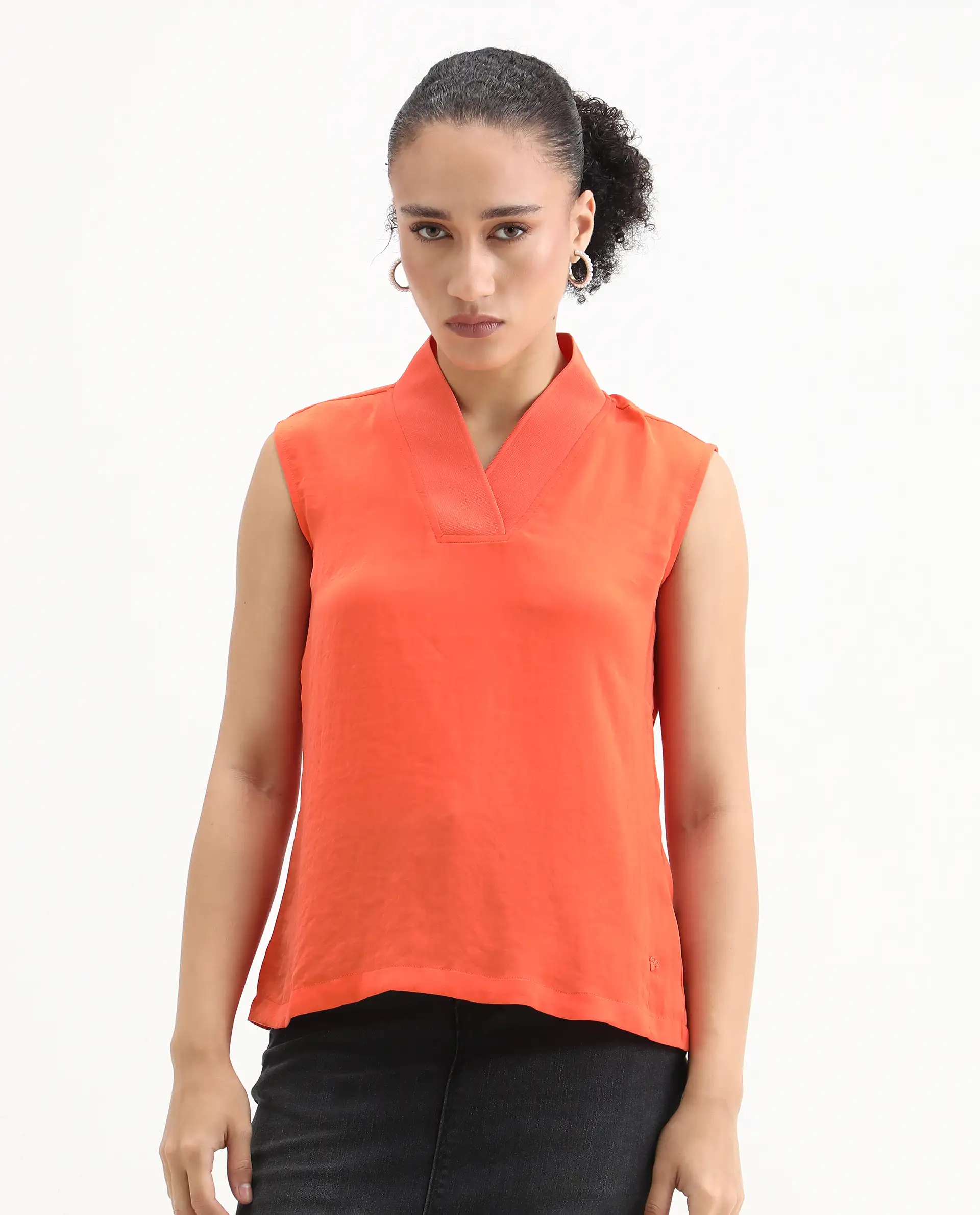 Rareism Women's Siyar Orange Satin V-Neck Plain Sleeveless Regular Fit Top - Image 4