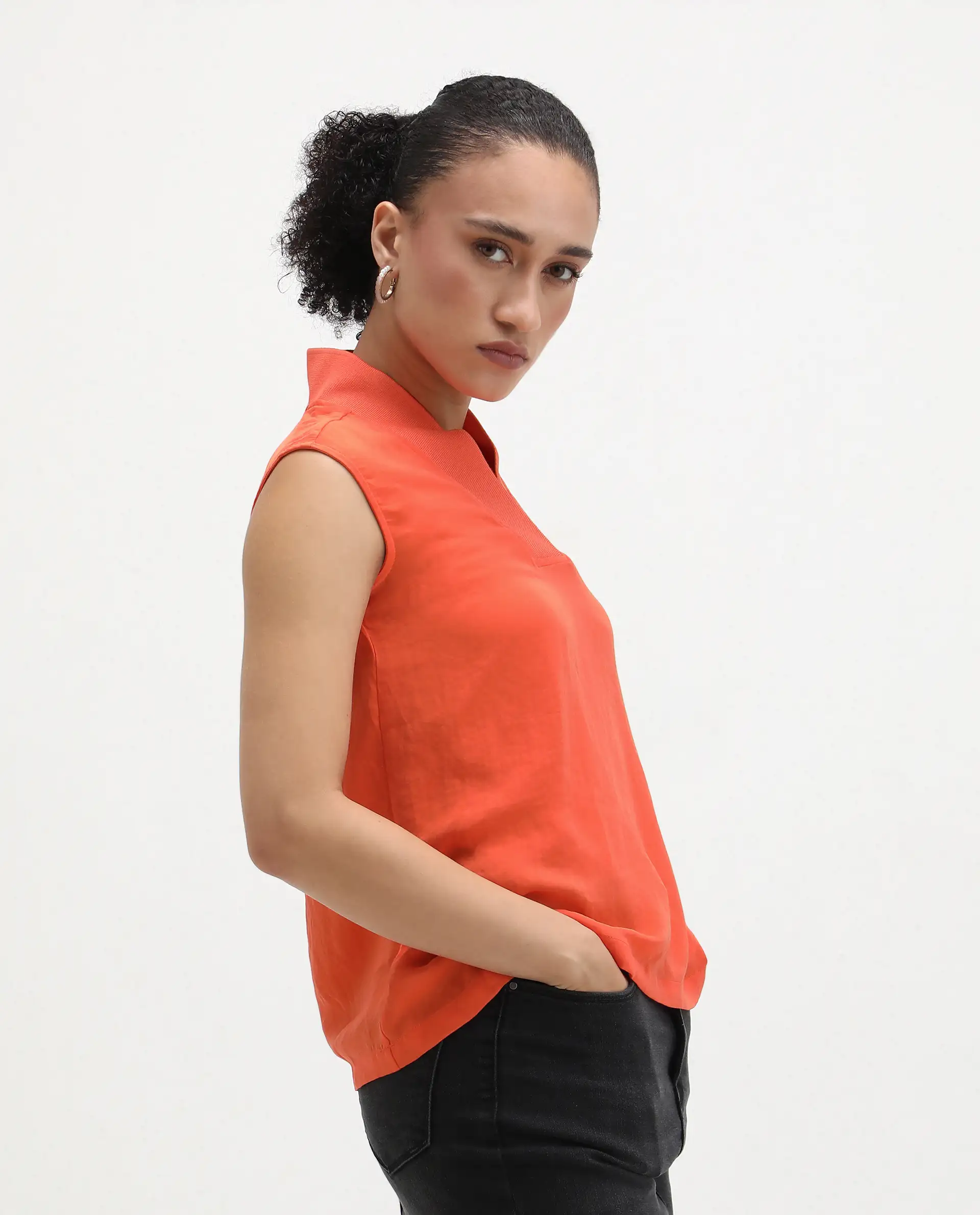 Rareism Women's Siyar Orange Satin V-Neck Plain Sleeveless Regular Fit Top - Image 5