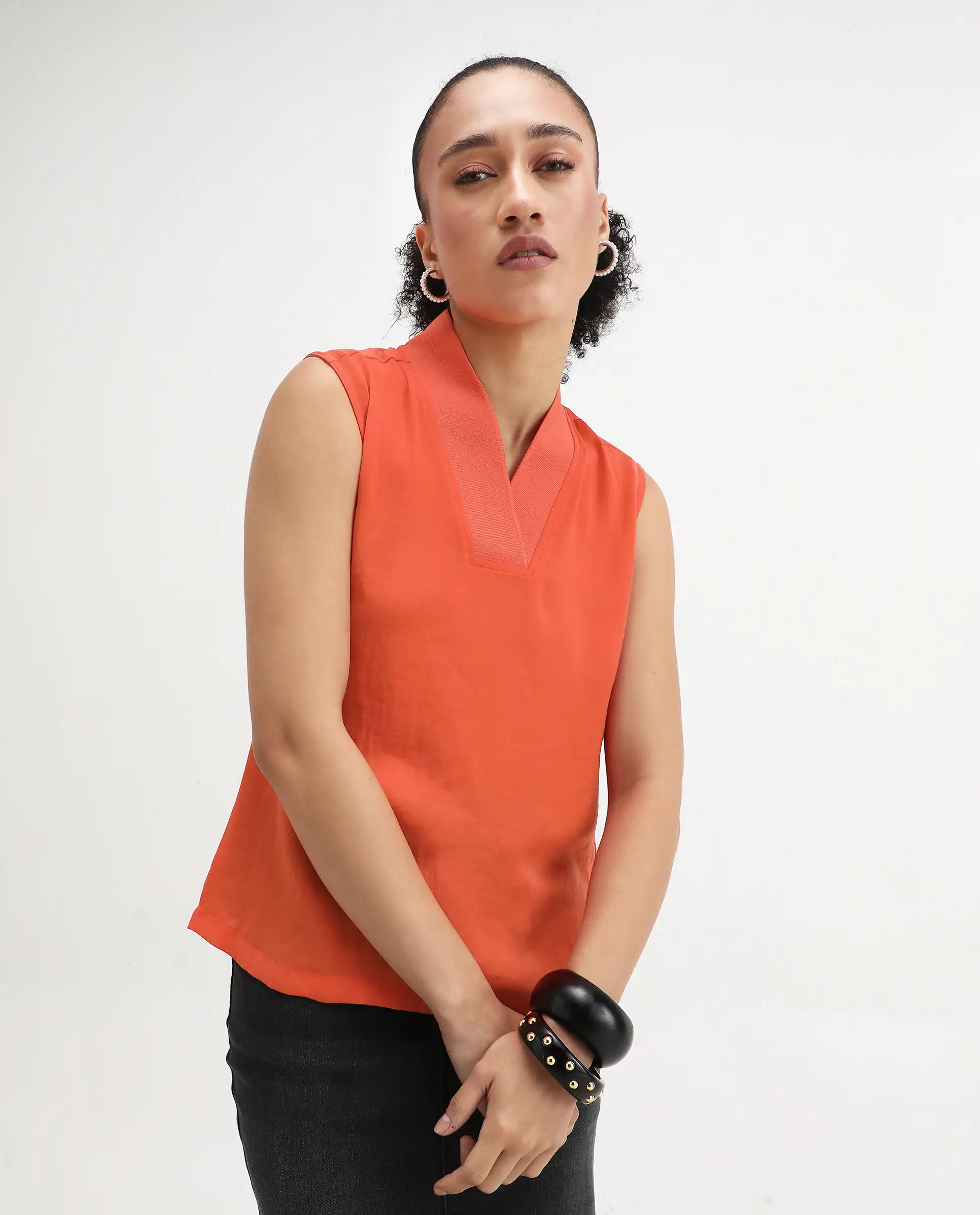 Rareism Women's Siyar Orange Satin V-Neck Plain Sleeveless Regular Fit Top - Image 6