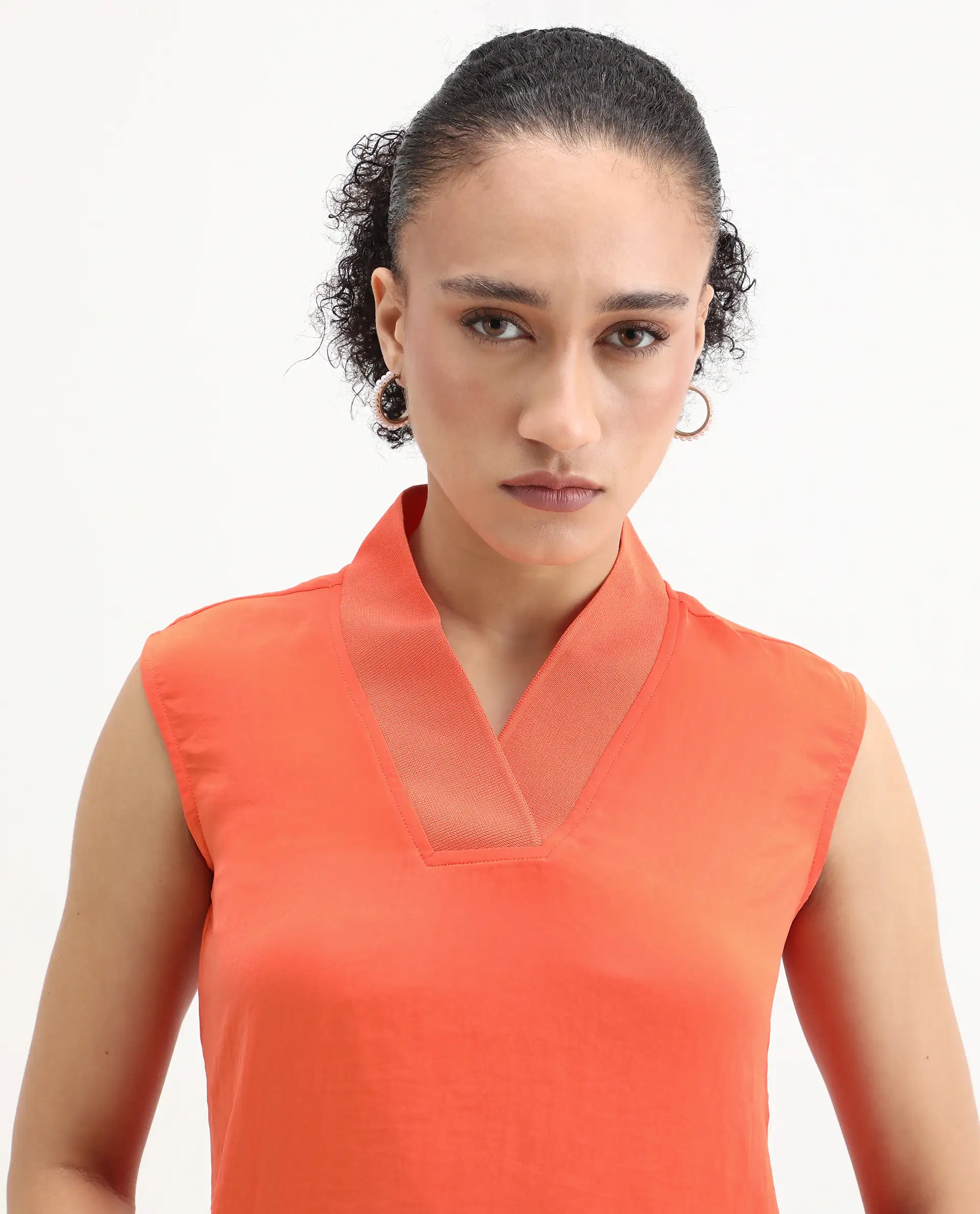 Rareism Women's Siyar Orange Satin V-Neck Plain Sleeveless Regular Fit Top - Image 7