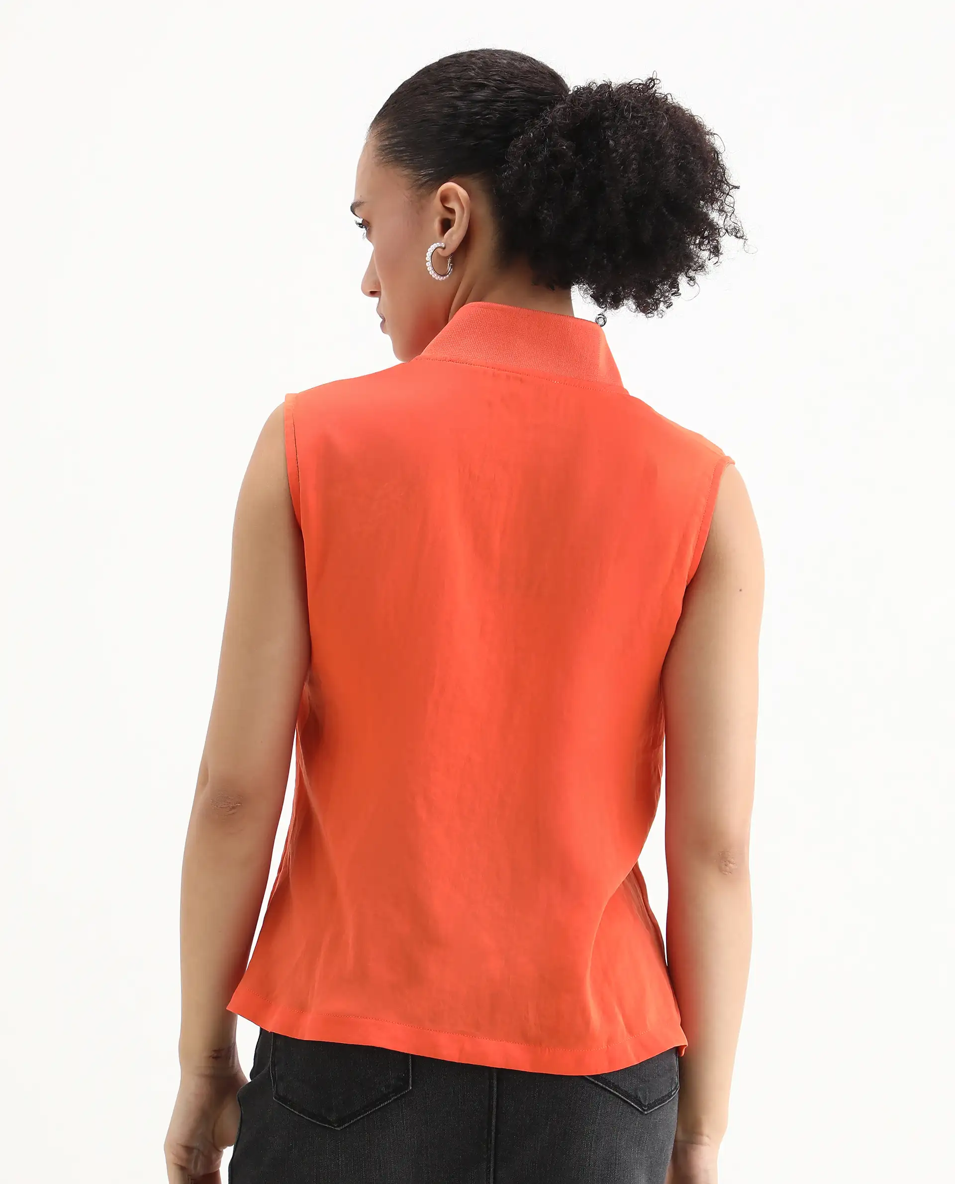 Rareism Women's Siyar Orange Satin V-Neck Plain Sleeveless Regular Fit Top - Image 8