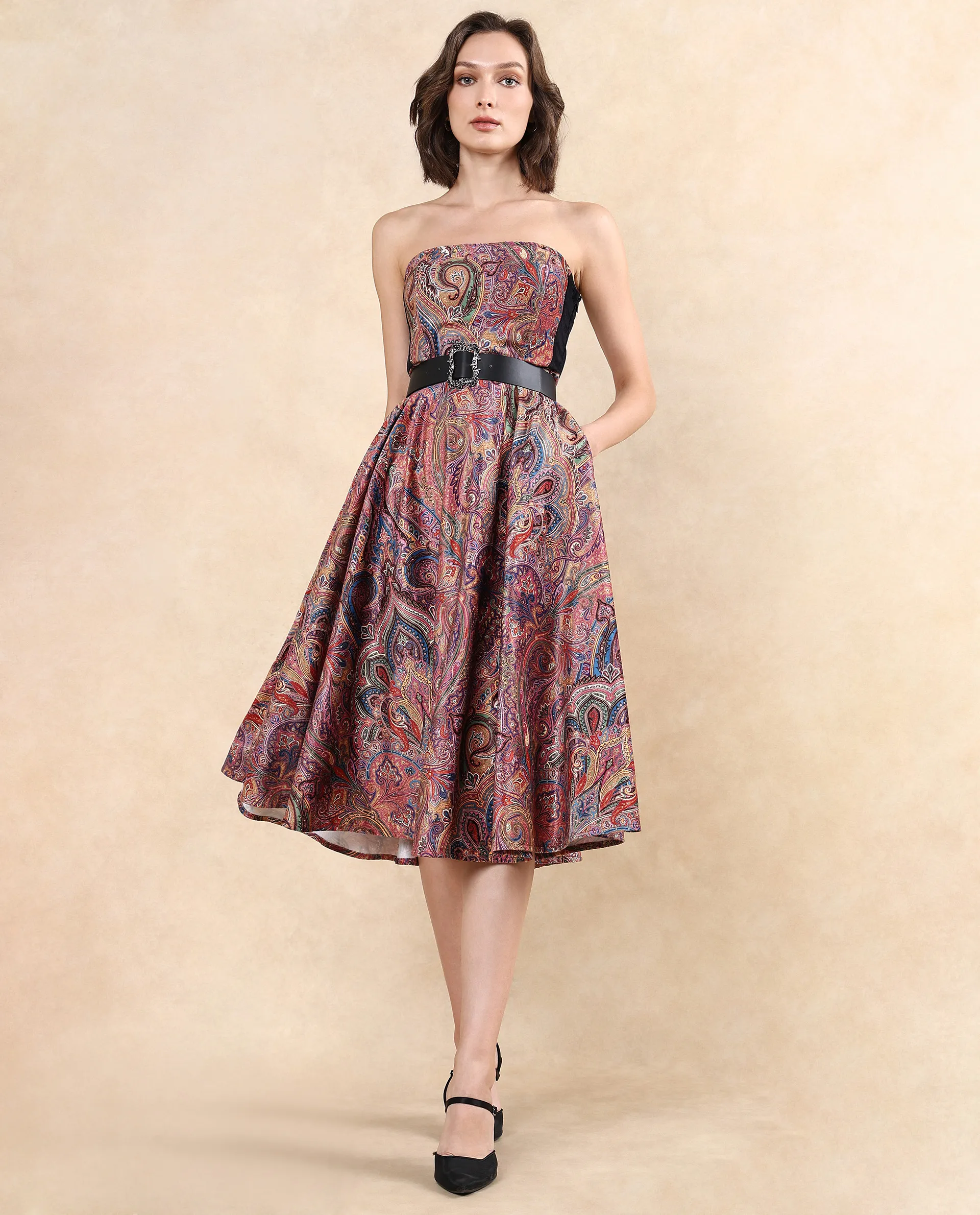 Rareism Women's Skegy Multi Velvet Tube Neck Paisley Print Sleeveless Midi Fit And Flare Dress - Image 3