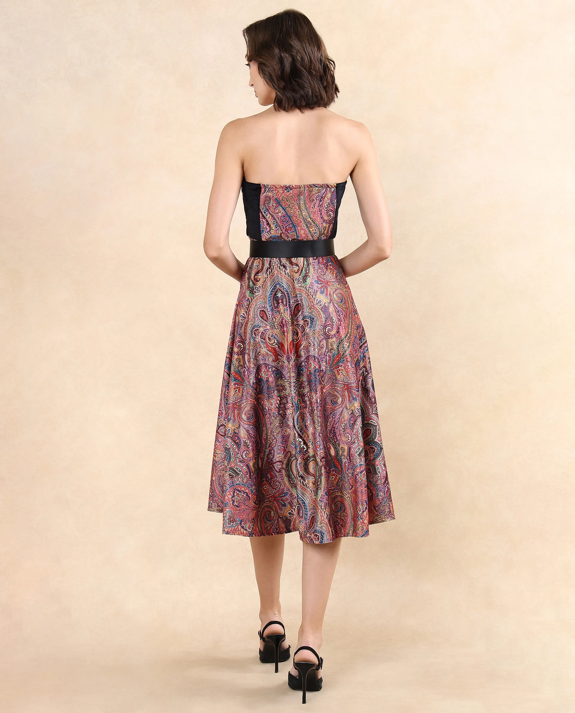 Rareism Women's Skegy Multi Velvet Tube Neck Paisley Print Sleeveless Midi Fit And Flare Dress - Image 6