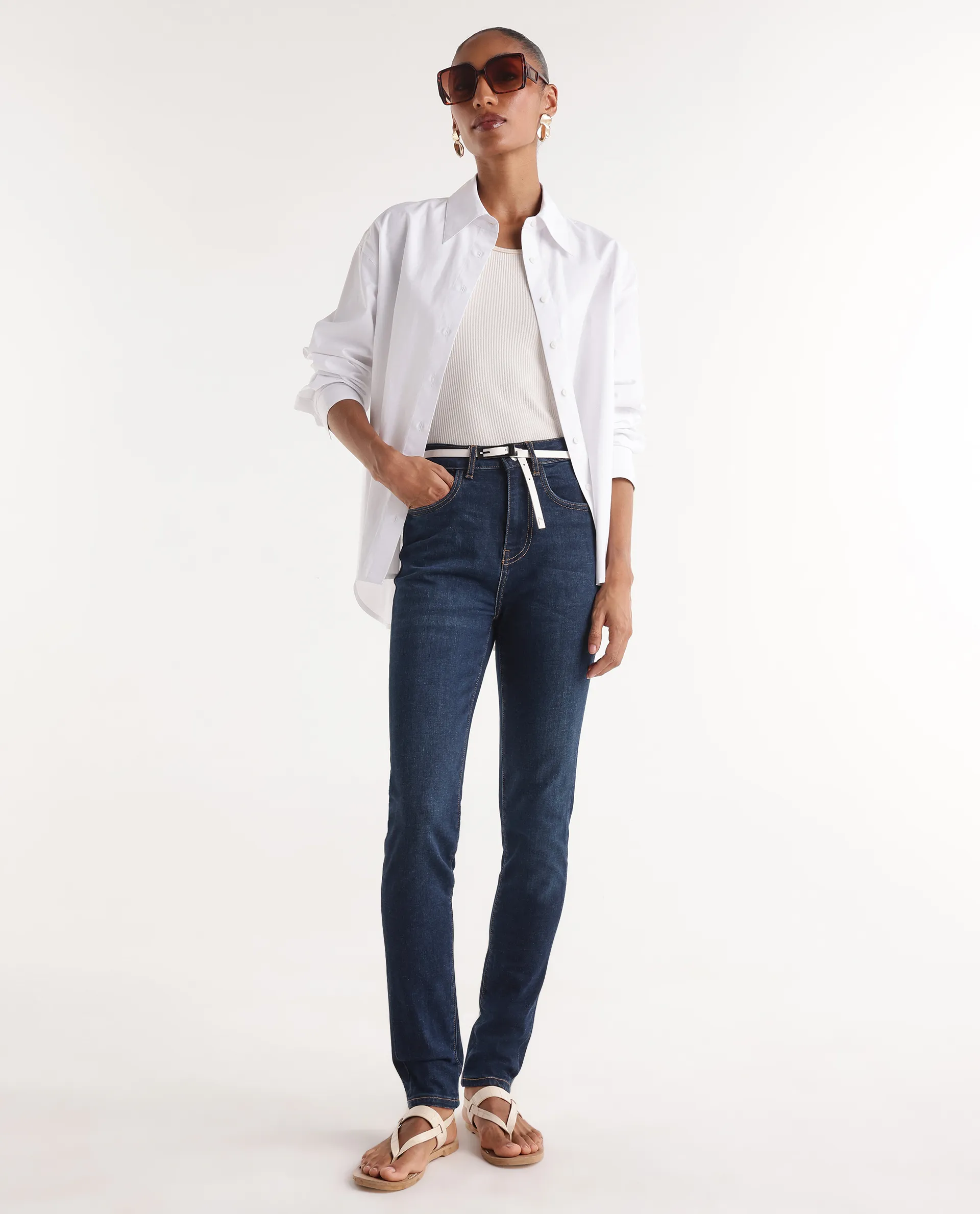 Rareism Women's Skenyo Dark Navy Cotton Blend Skinny Fit Plain Jeans