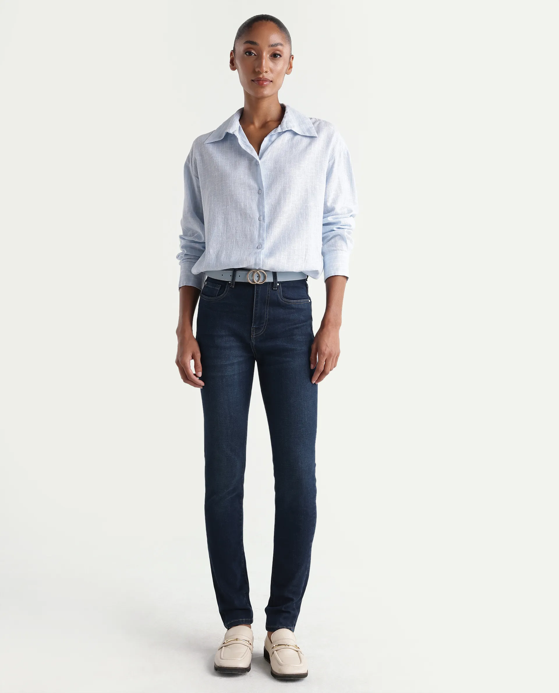 Rareism Women's Skenyom Blue Cotton Blend Skinny Fit Plain Jeans - Image 3