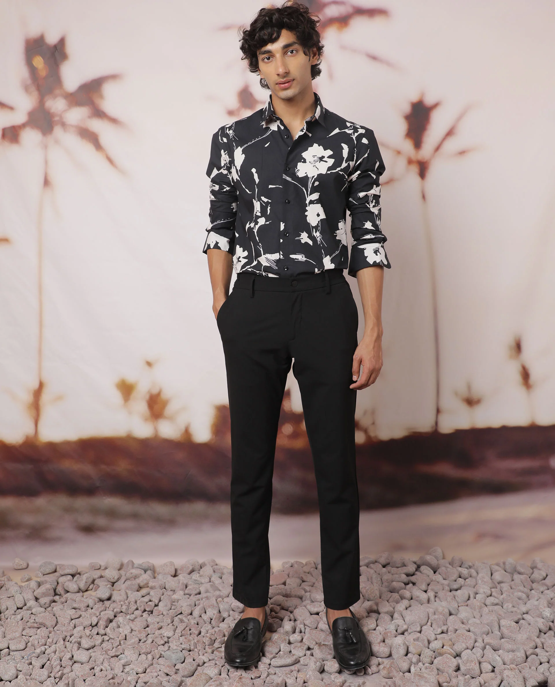 Rare Rabbit Men's Sketcherr Black Cotton Floral Print Regular Fit Full Sleeve Collared Shirt - Image 2