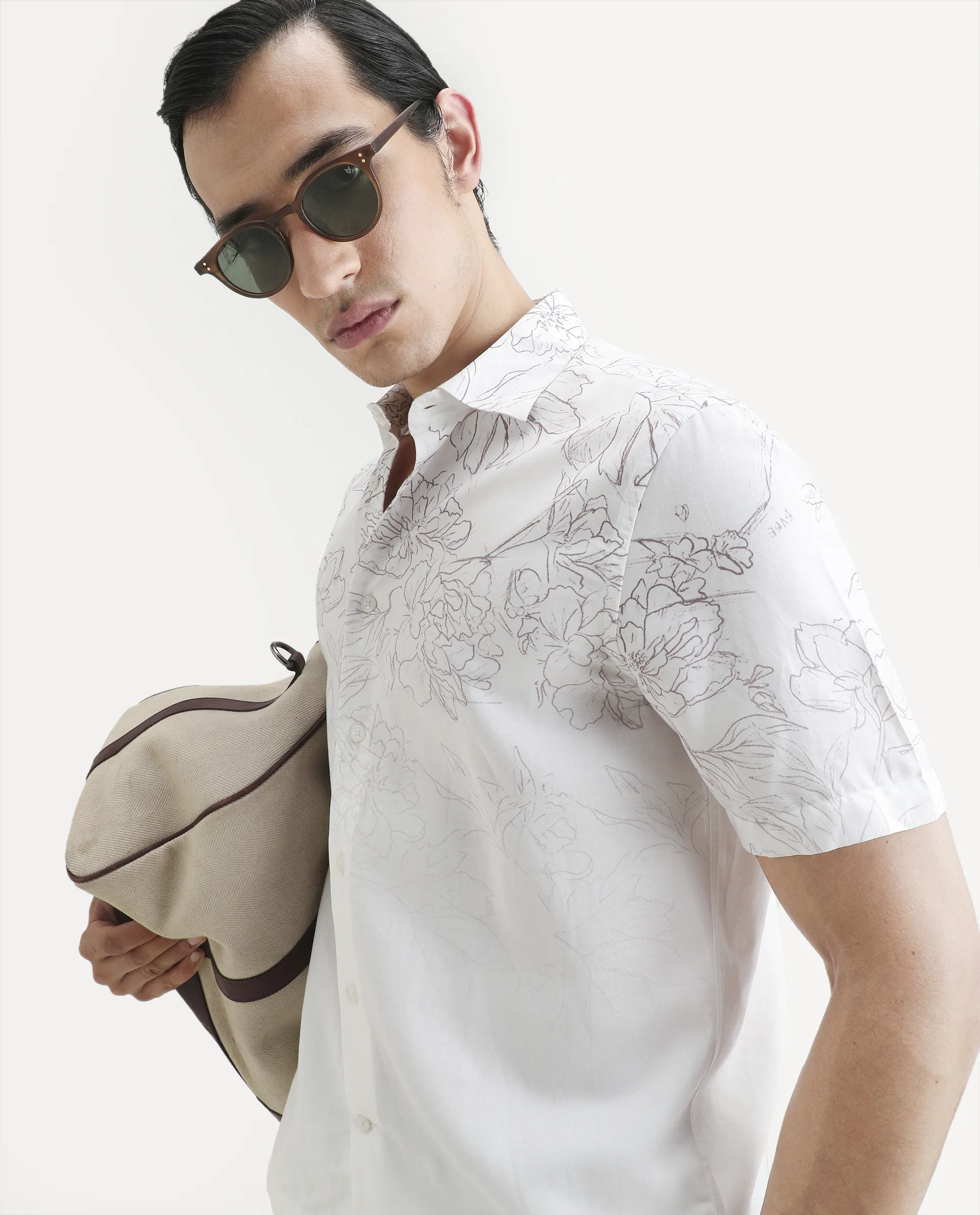 Rare Rabbit Men's Skew White Cotton Blend Floral Print Regular Fit Half Sleeve Collared Shirt