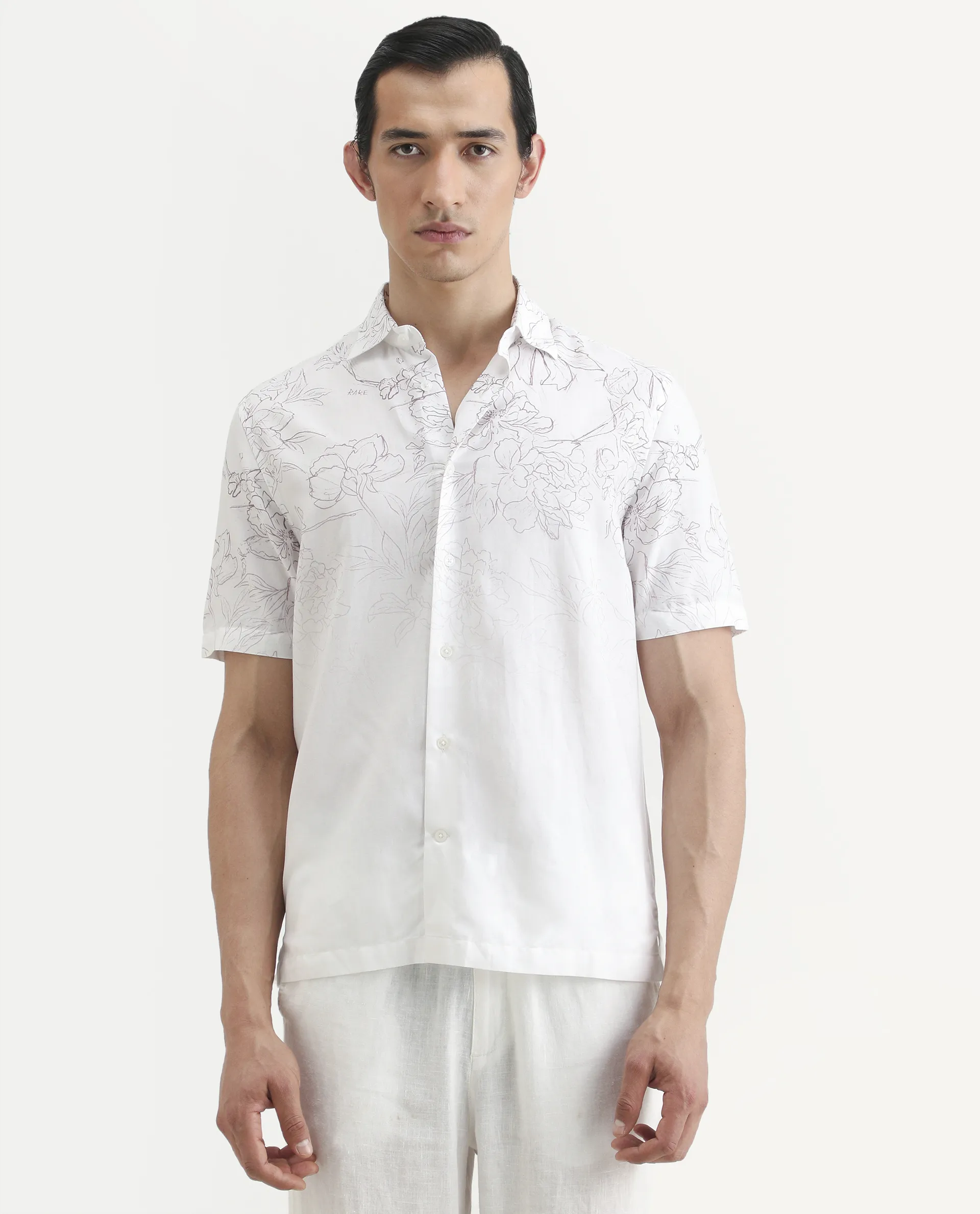 Rare Rabbit Men's Skew White Cotton Blend Floral Print Regular Fit Half Sleeve Collared Shirt - Image 3