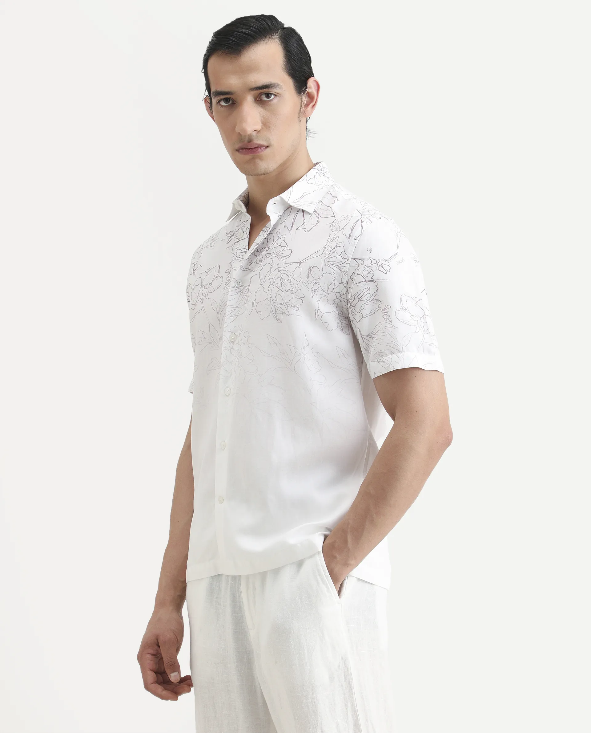 Rare Rabbit Men's Skew White Cotton Blend Floral Print Regular Fit Half Sleeve Collared Shirt - Image 6
