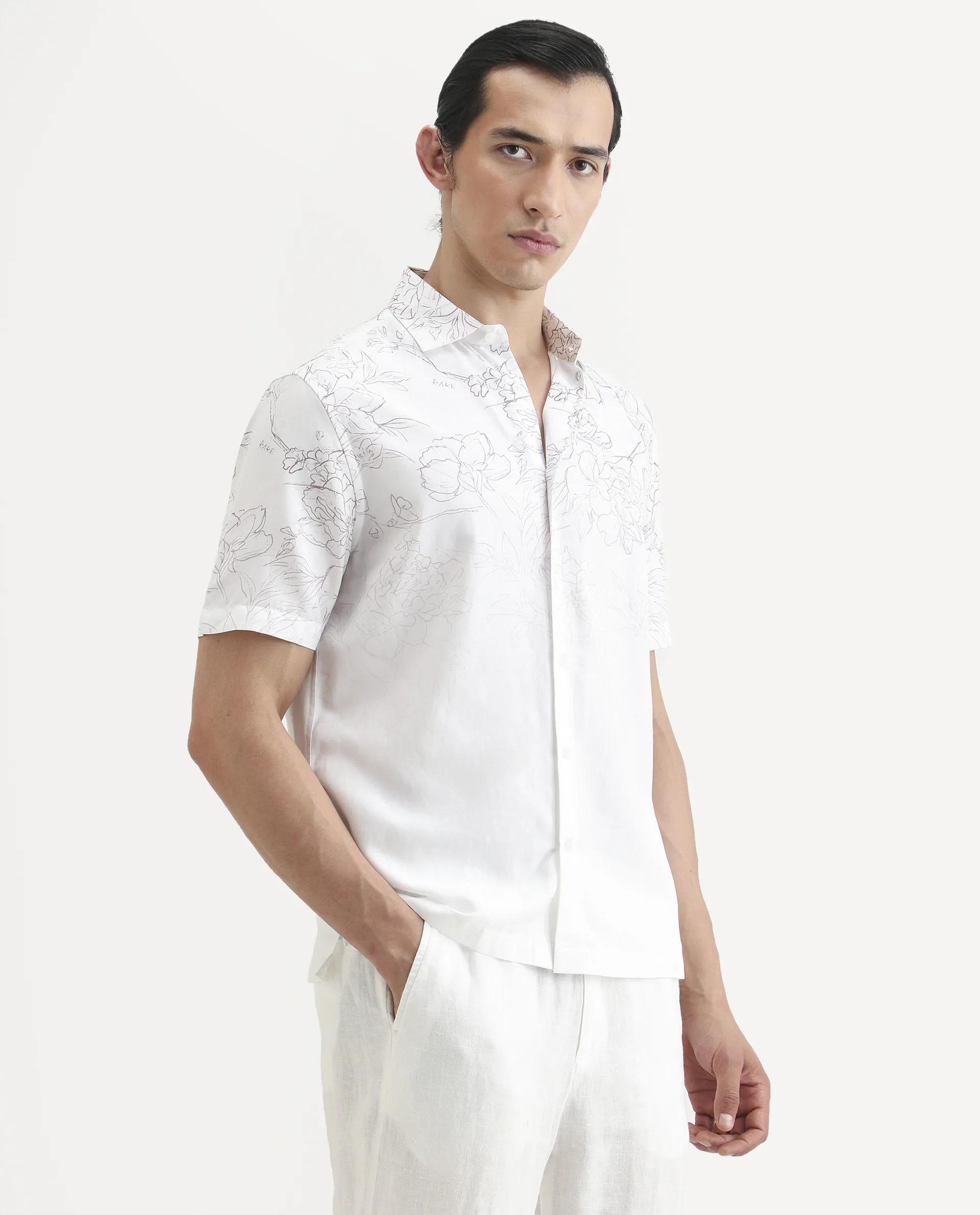 Rare Rabbit Men's Skew White Cotton Blend Floral Print Regular Fit Half Sleeve Collared Shirt - Image 7