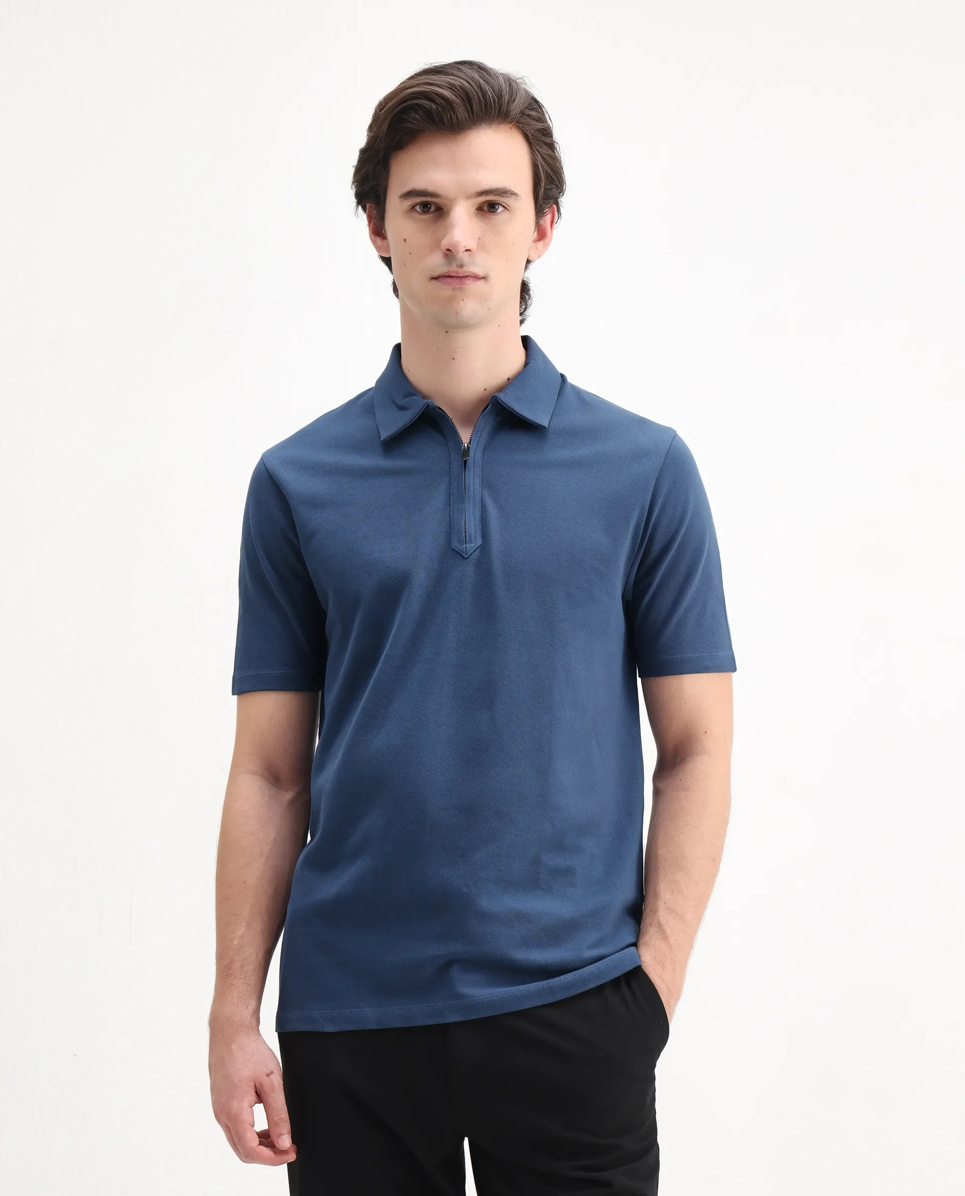 Rare Rabbit Men's Ski Blue Cotton Blend Plain Regular Fit Half Sleeve Polo - Image 4