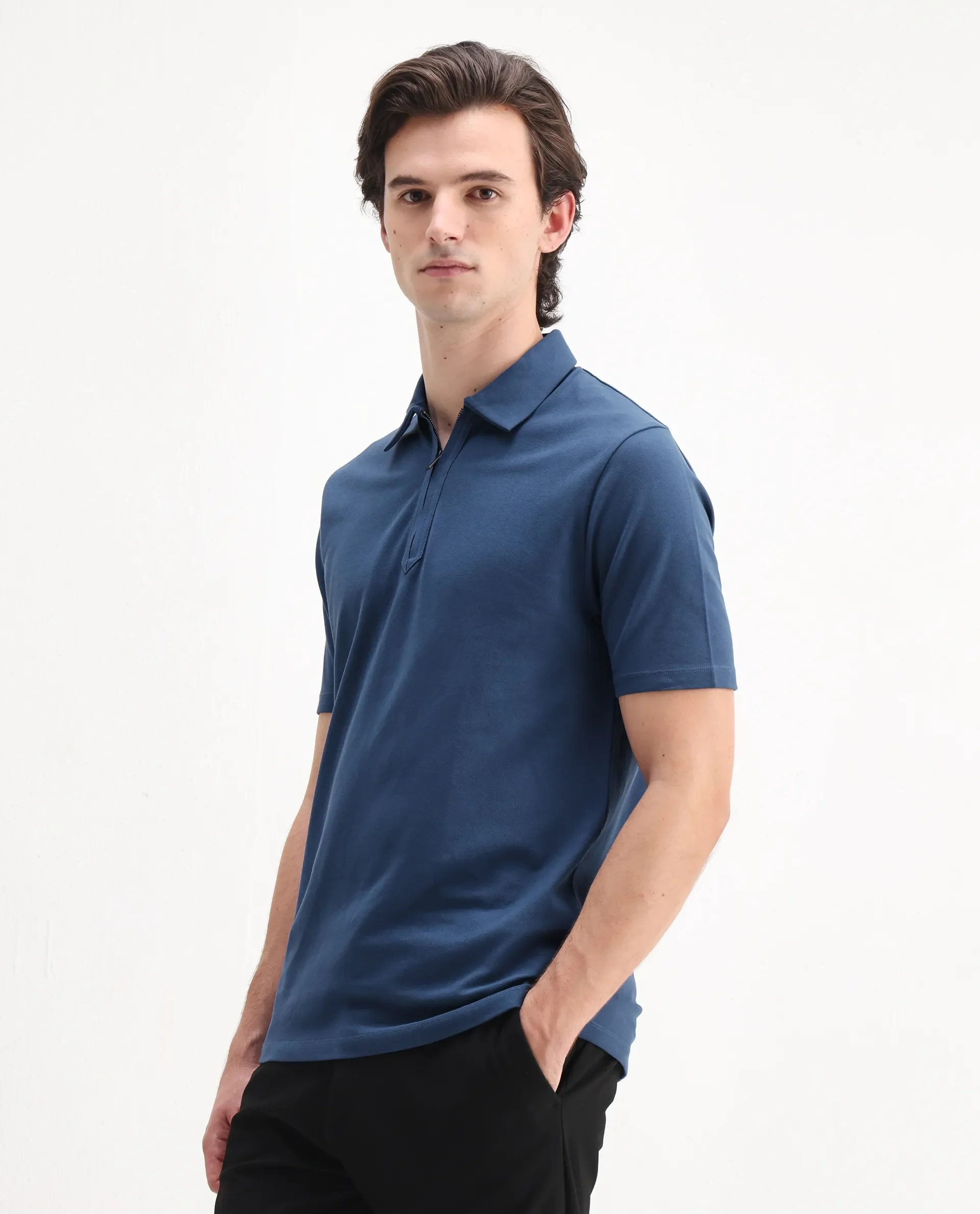 Rare Rabbit Men's Ski Blue Cotton Blend Plain Regular Fit Half Sleeve Polo - Image 5