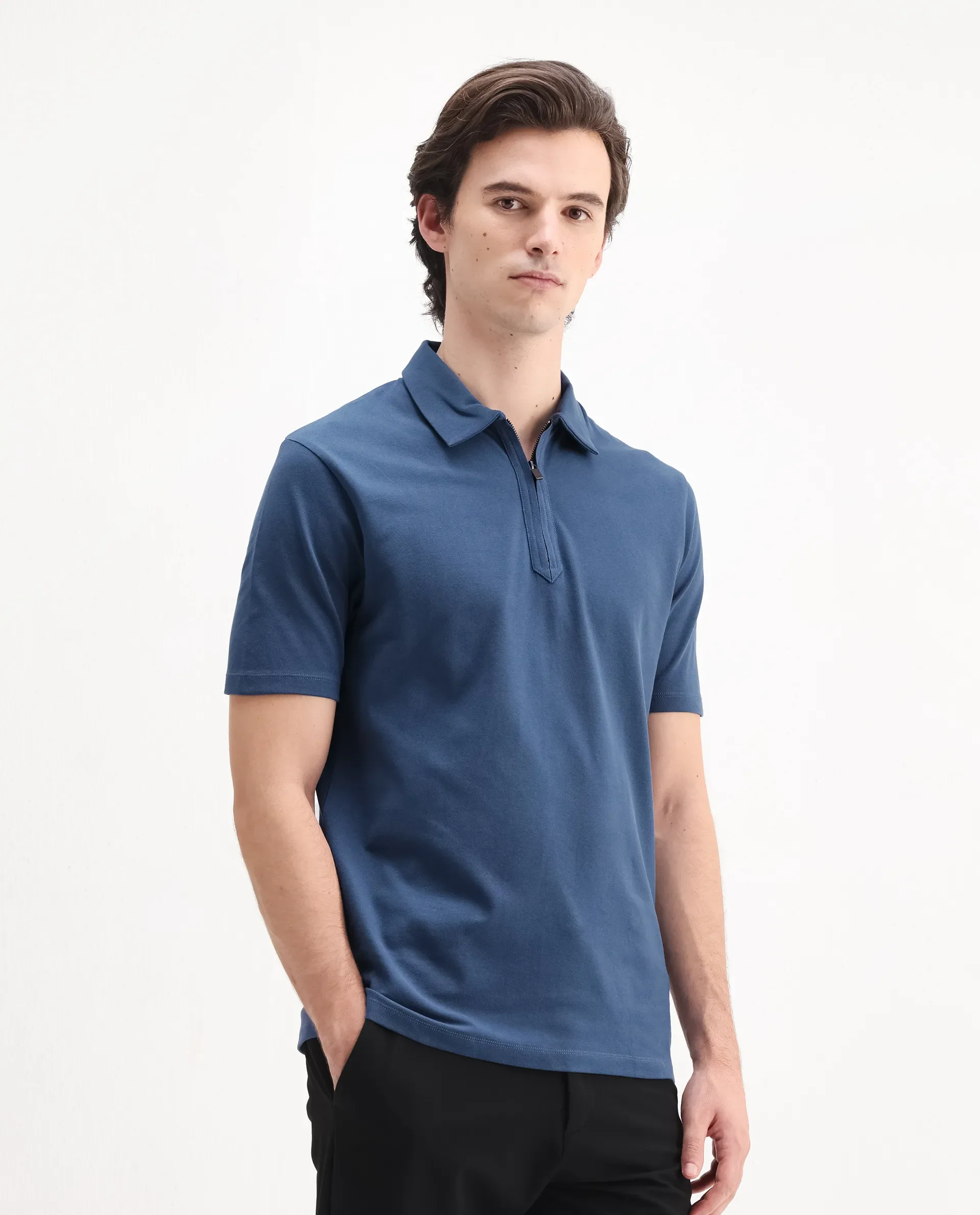 Rare Rabbit Men's Ski Blue Cotton Blend Plain Regular Fit Half Sleeve Polo - Image 6