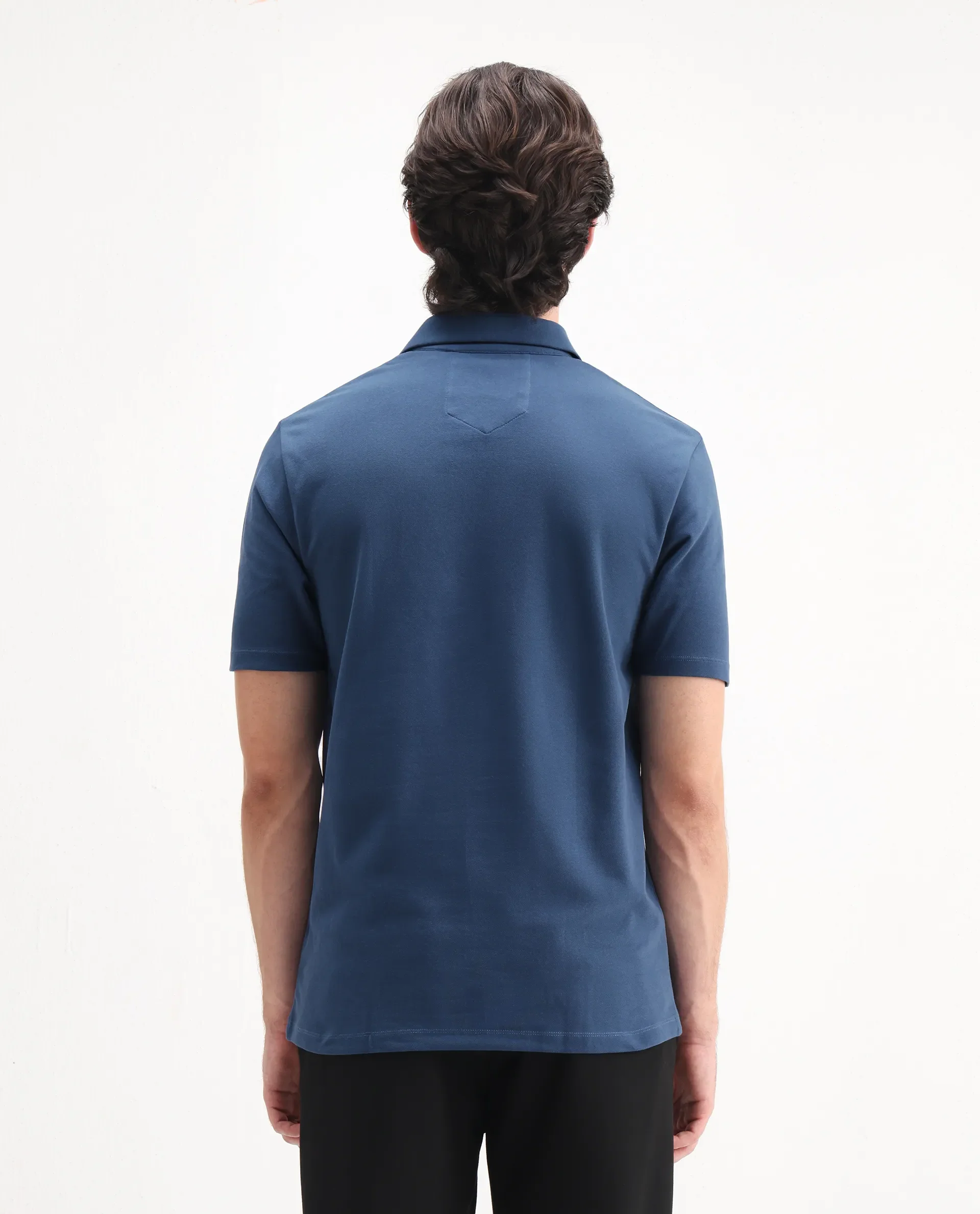 Rare Rabbit Men's Ski Blue Cotton Blend Plain Regular Fit Half Sleeve Polo - Image 7