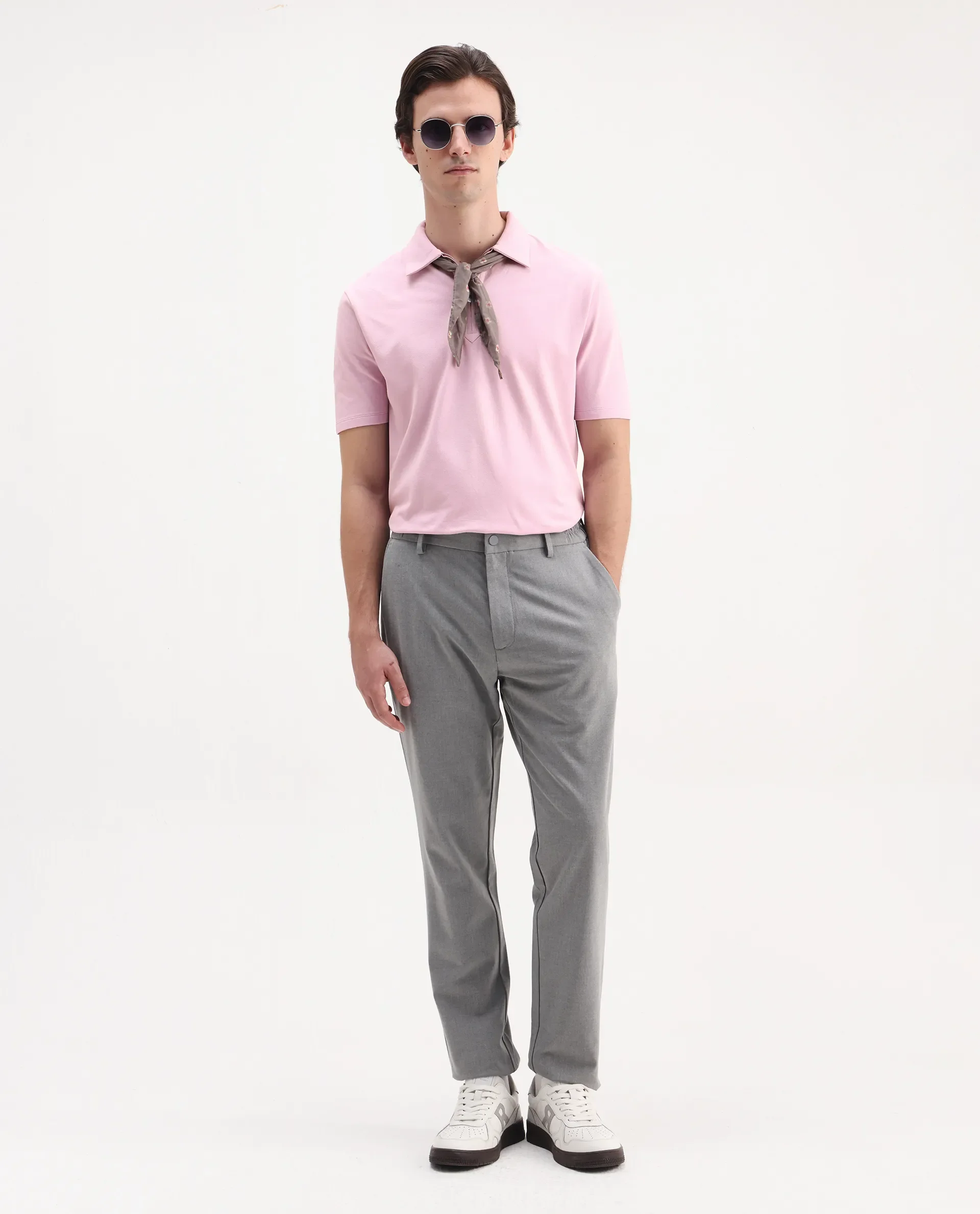 Rare Rabbit Men's Ski Light Pink Cotton Blend Plain Regular Fit Half Sleeve Polo - Image 2