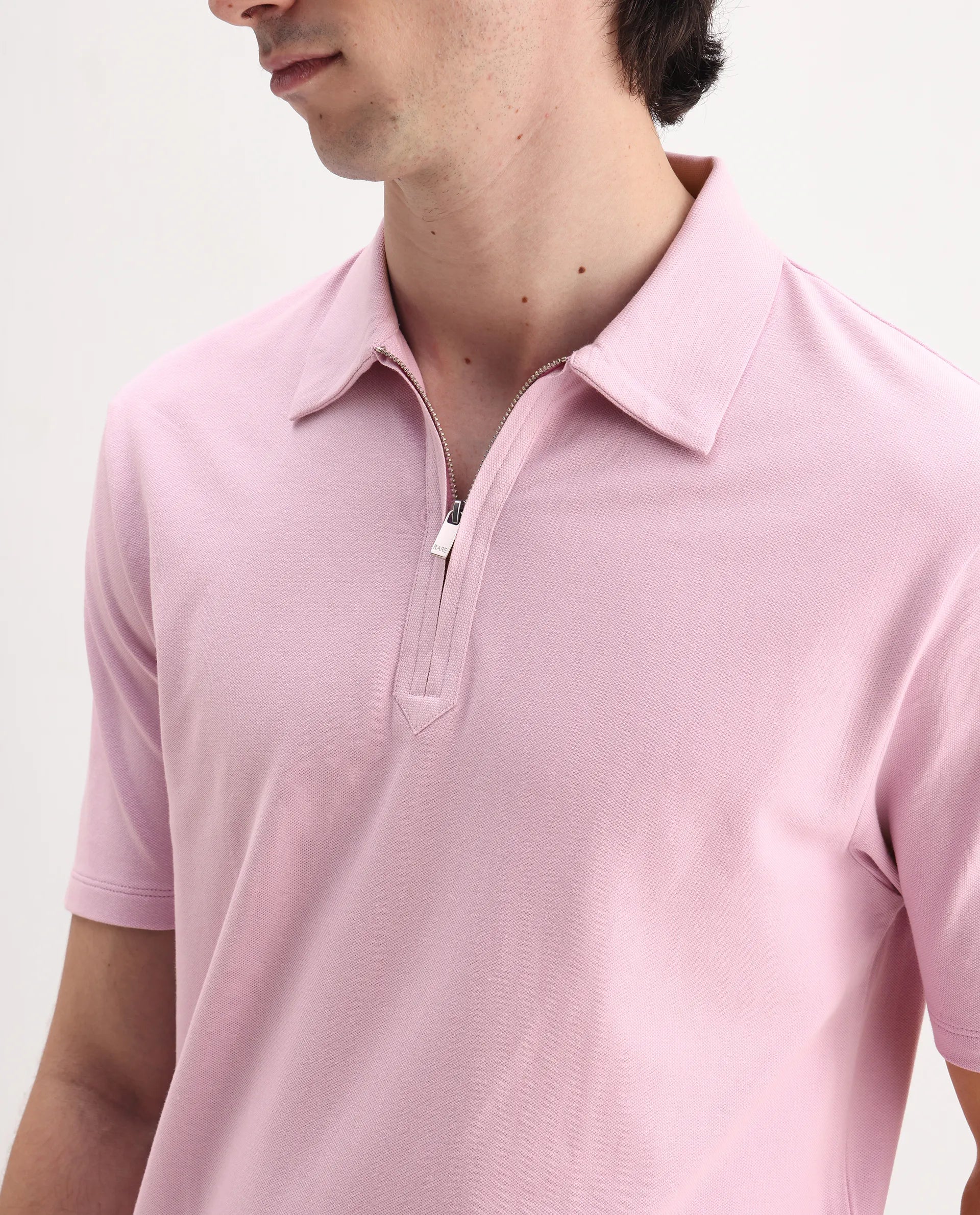Rare Rabbit Men's Ski Light Pink Cotton Blend Plain Regular Fit Half Sleeve Polo - Image 3