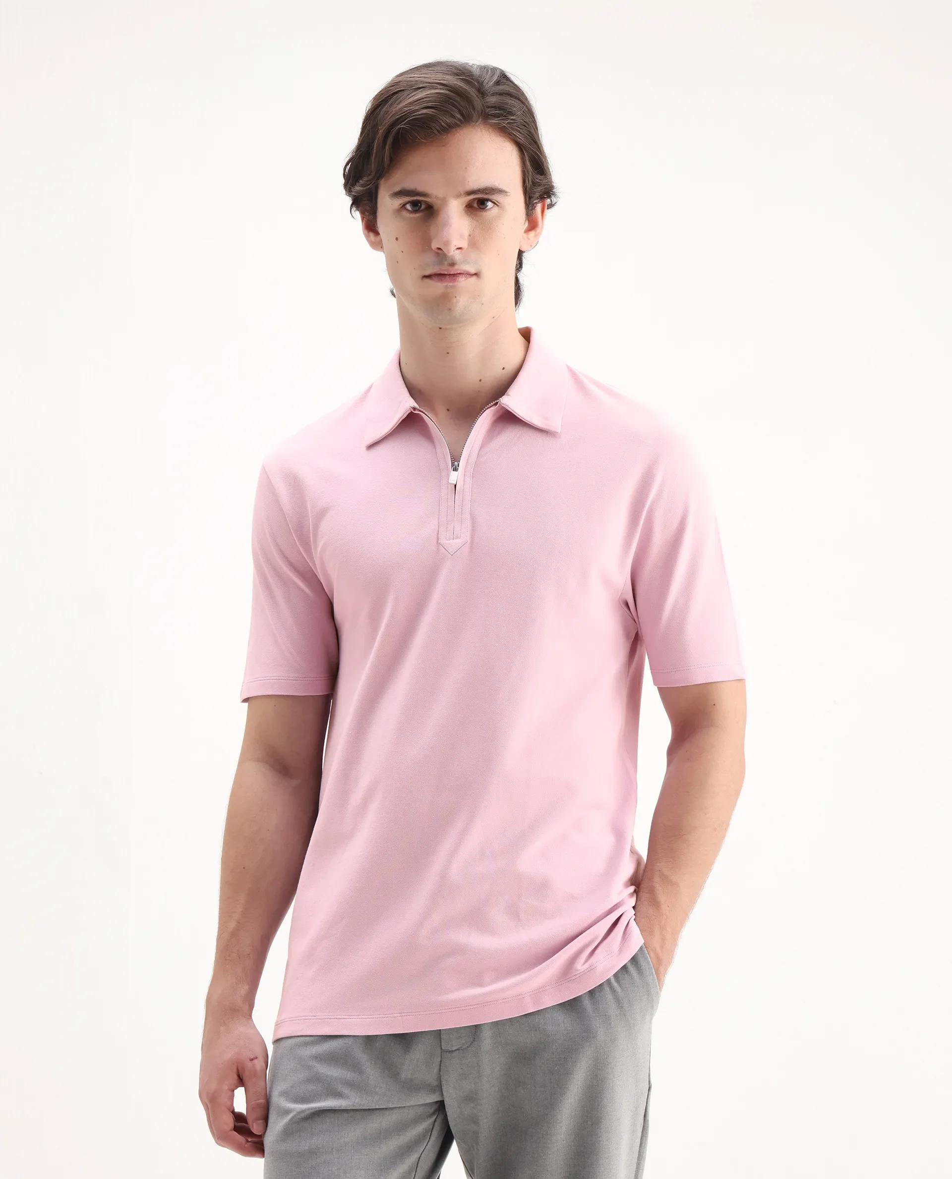 Rare Rabbit Men's Ski Light Pink Cotton Blend Plain Regular Fit Half Sleeve Polo - Image 4