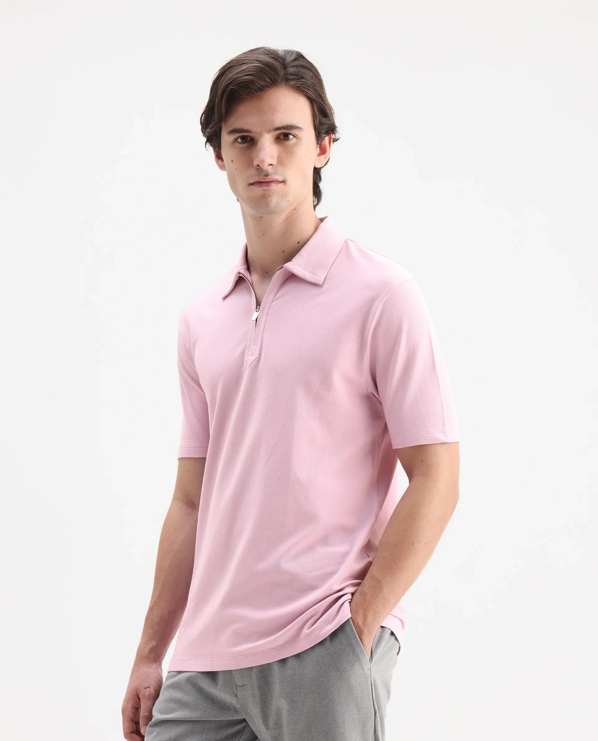 Rare Rabbit Men's Ski Light Pink Cotton Blend Plain Regular Fit Half Sleeve Polo - Image 5