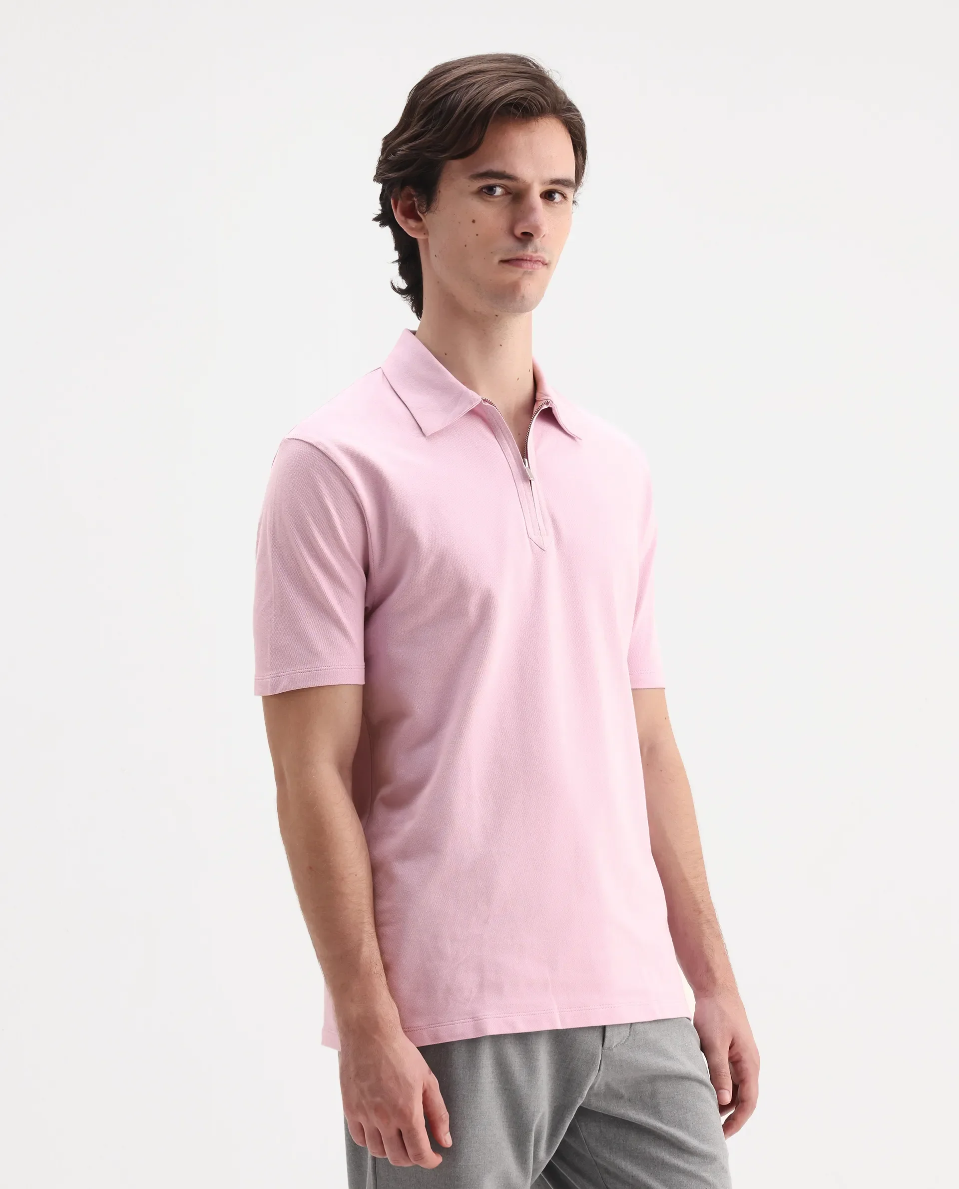 Rare Rabbit Men's Ski Light Pink Cotton Blend Plain Regular Fit Half Sleeve Polo - Image 6