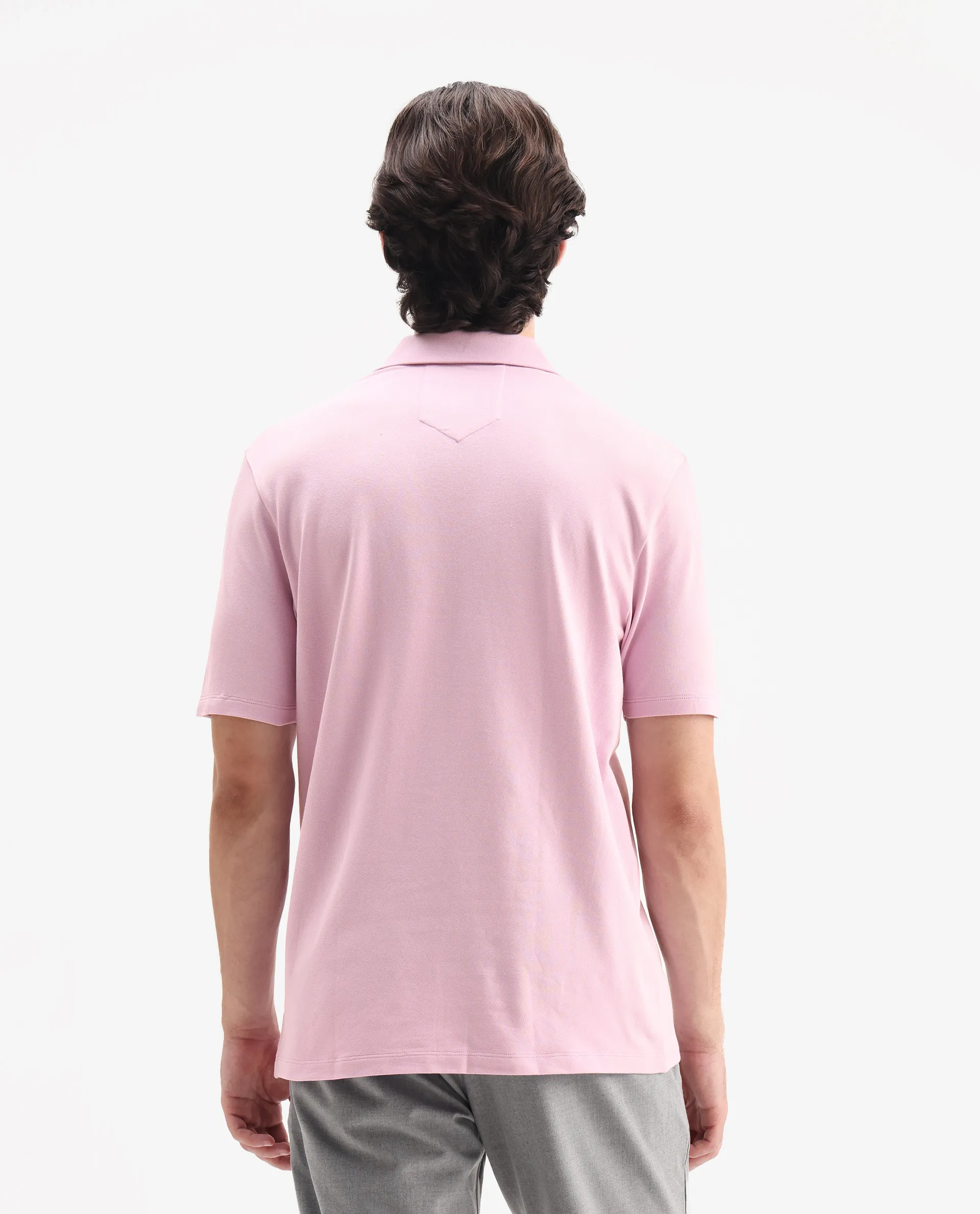 Rare Rabbit Men's Ski Light Pink Cotton Blend Plain Regular Fit Half Sleeve Polo - Image 7