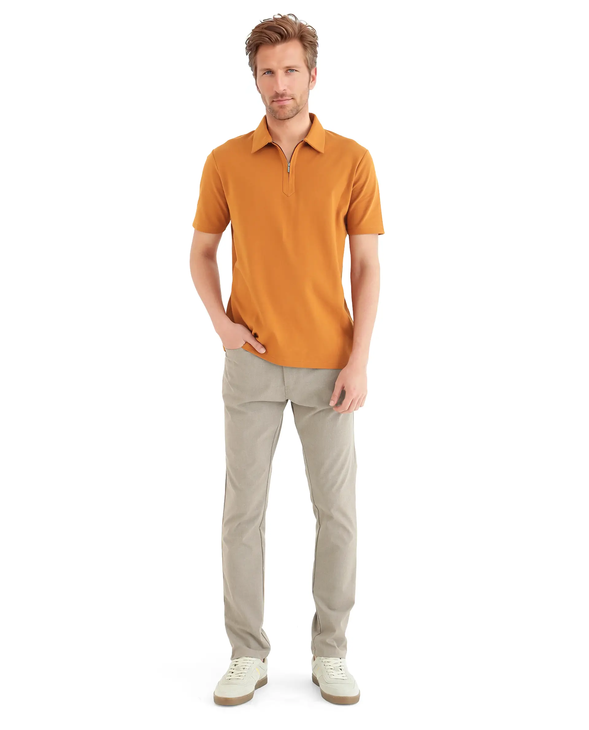 Rare Rabbit Men's Ski Rust Cotton Blend Plain Regular Fit Half Sleeve Polo - Image 2