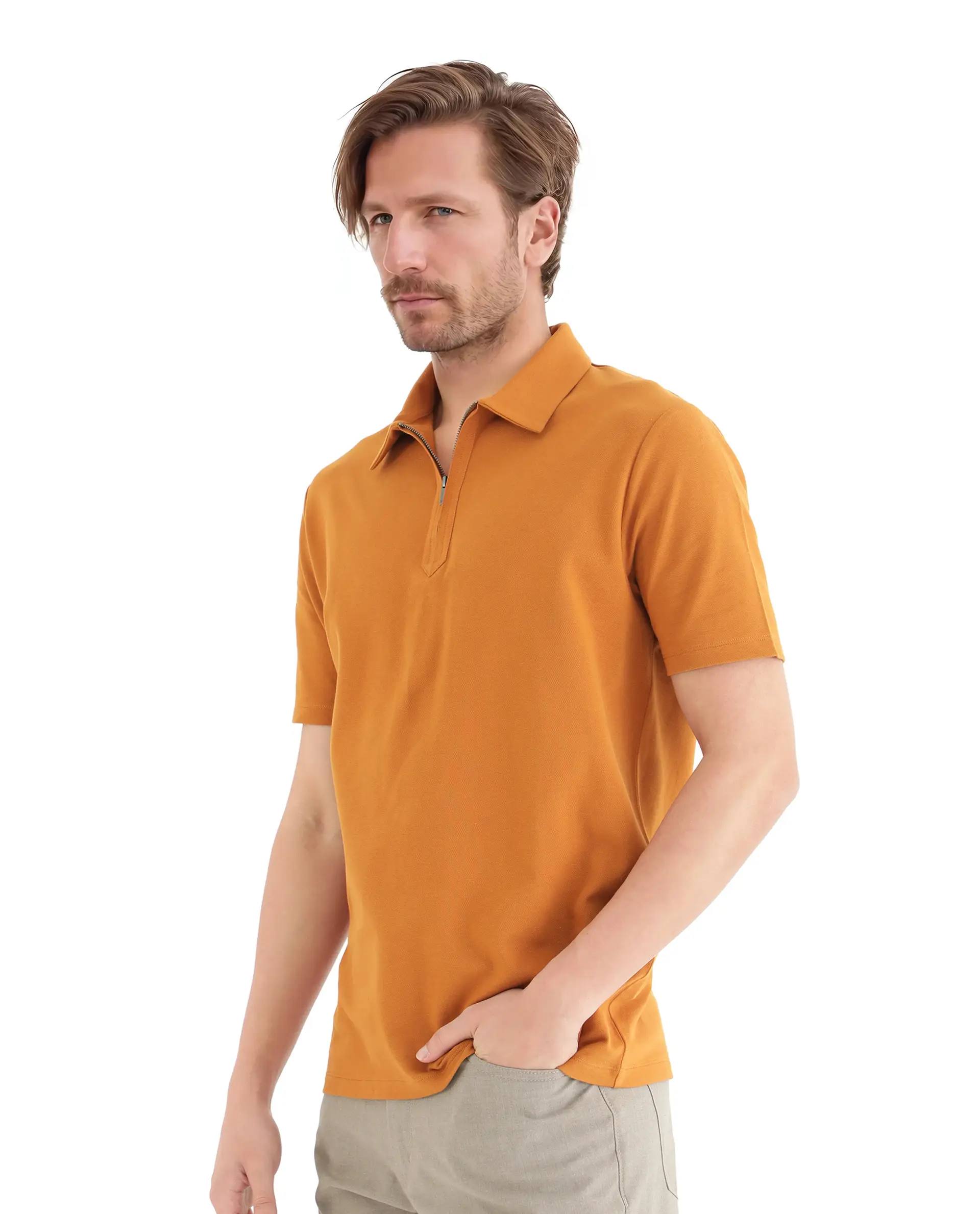 Rare Rabbit Men's Ski Rust Cotton Blend Plain Regular Fit Half Sleeve Polo - Image 5