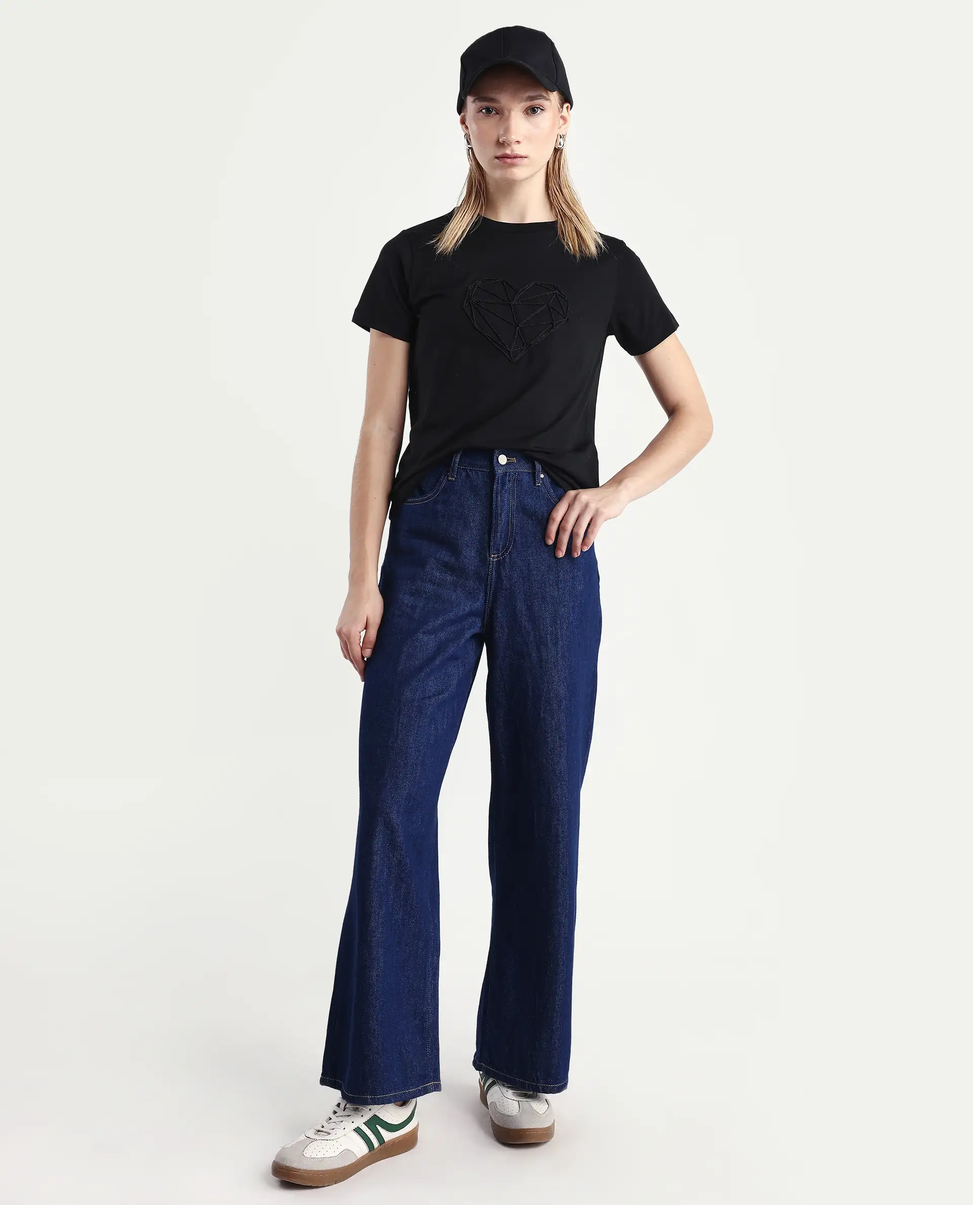 Rareism Women's Skia Black Cotton Blend Crew Neck Regular Fit T-Shirt - Image 2