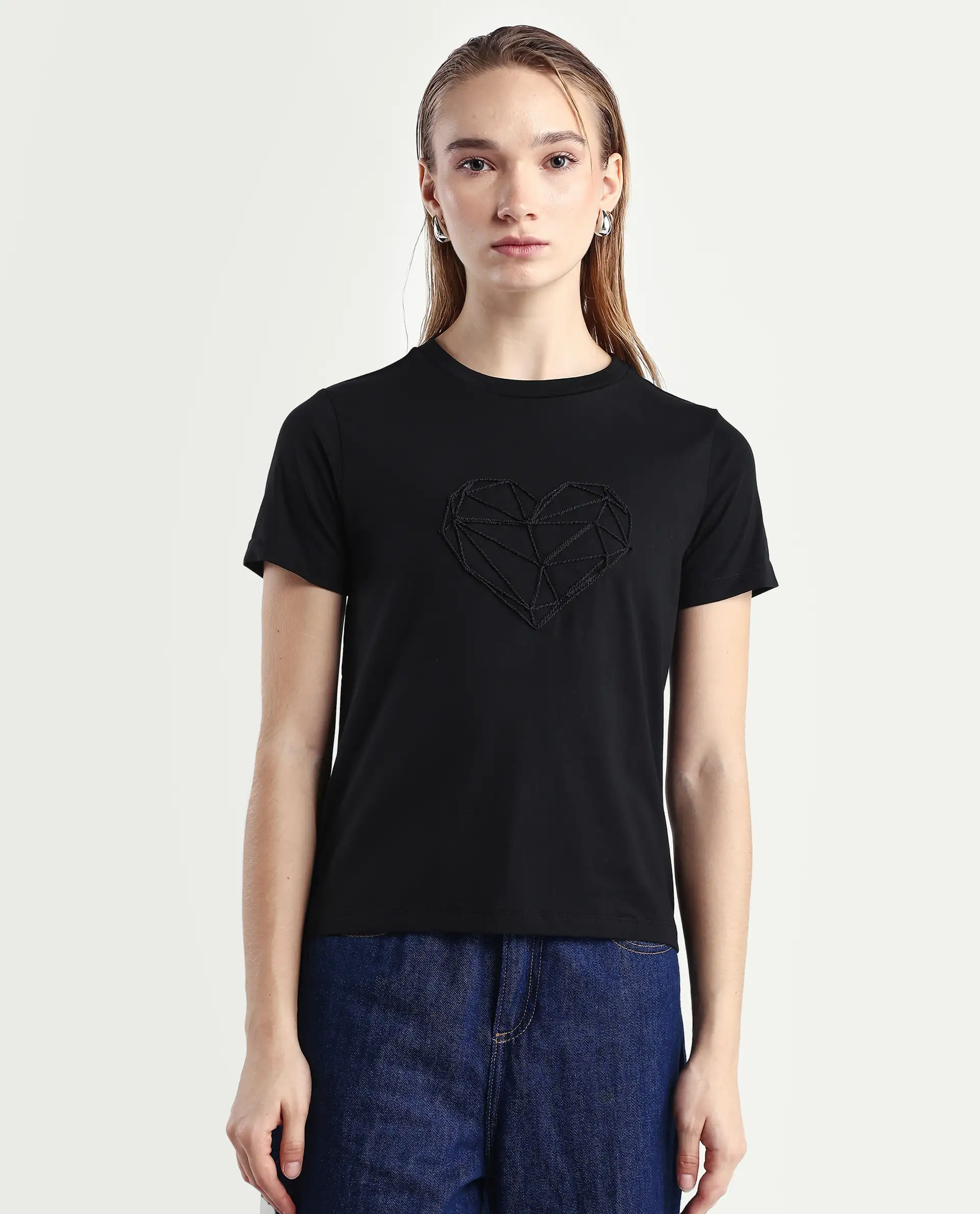 Rareism Women's Skia Black Cotton Blend Crew Neck Regular Fit T-Shirt - Image 3