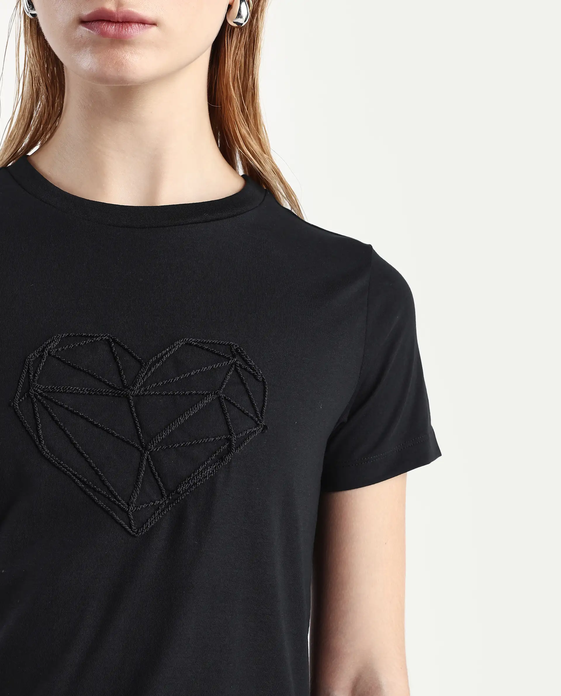 Rareism Women's Skia Black Cotton Blend Crew Neck Regular Fit T-Shirt - Image 4