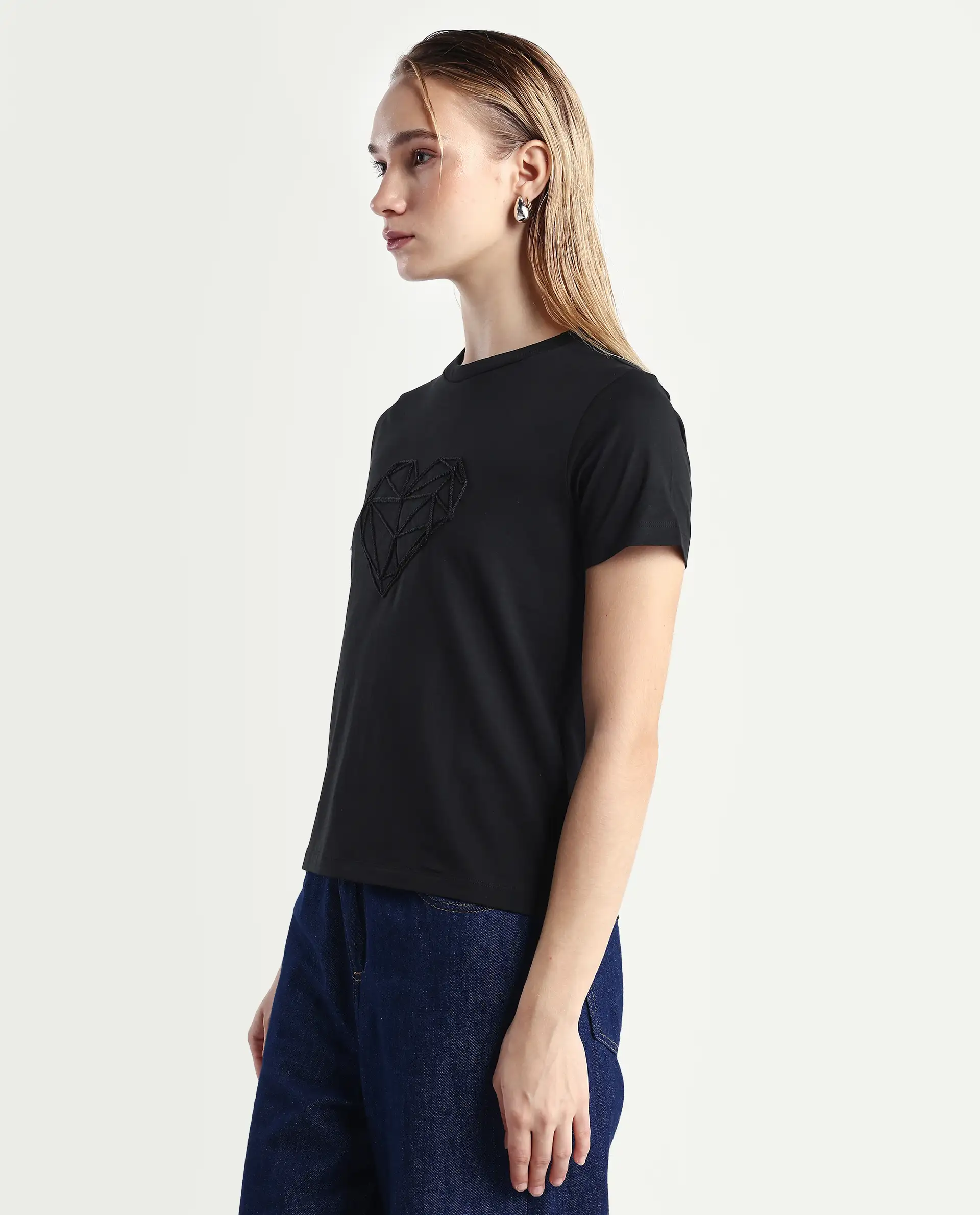 Rareism Women's Skia Black Cotton Blend Crew Neck Regular Fit T-Shirt - Image 5