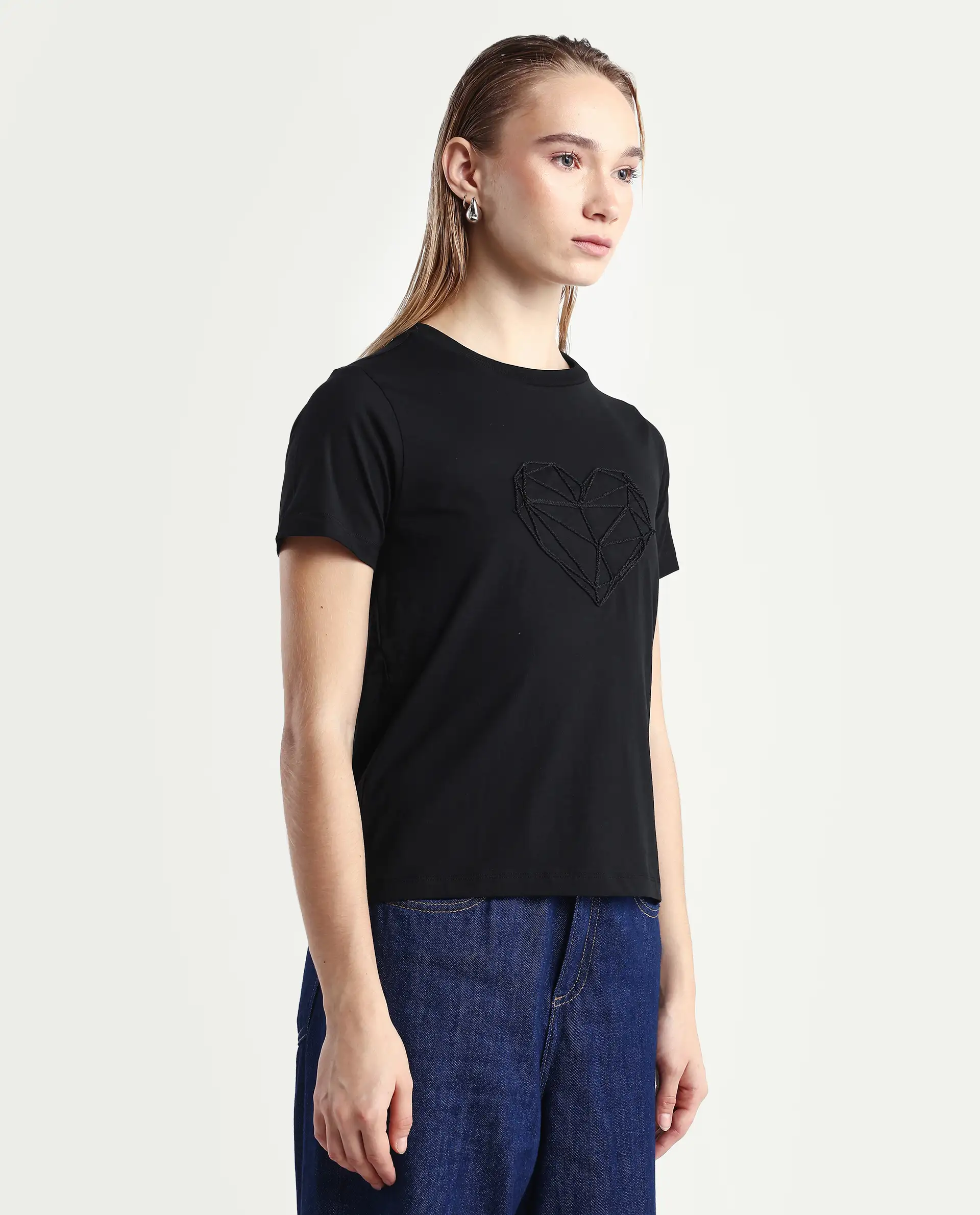 Rareism Women's Skia Black Cotton Blend Crew Neck Regular Fit T-Shirt - Image 6