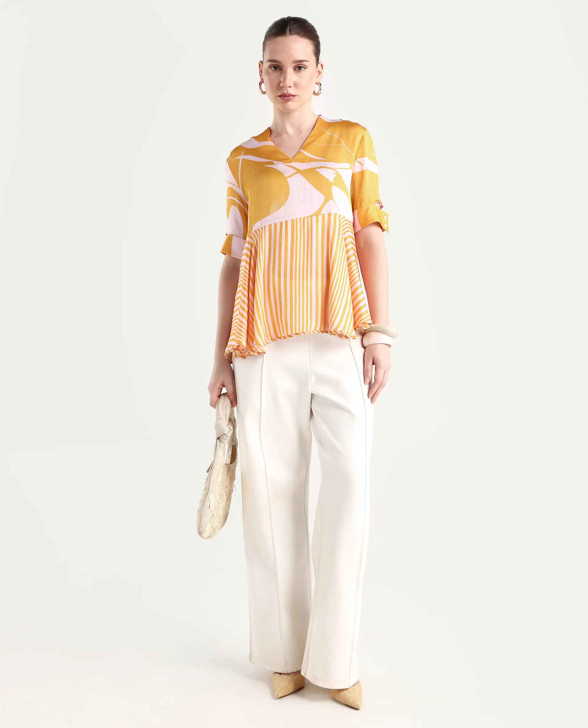 Rareism Women's Skimmia Mustard Modal V-Neck Abstract Print Regular Fit Top - Image 2