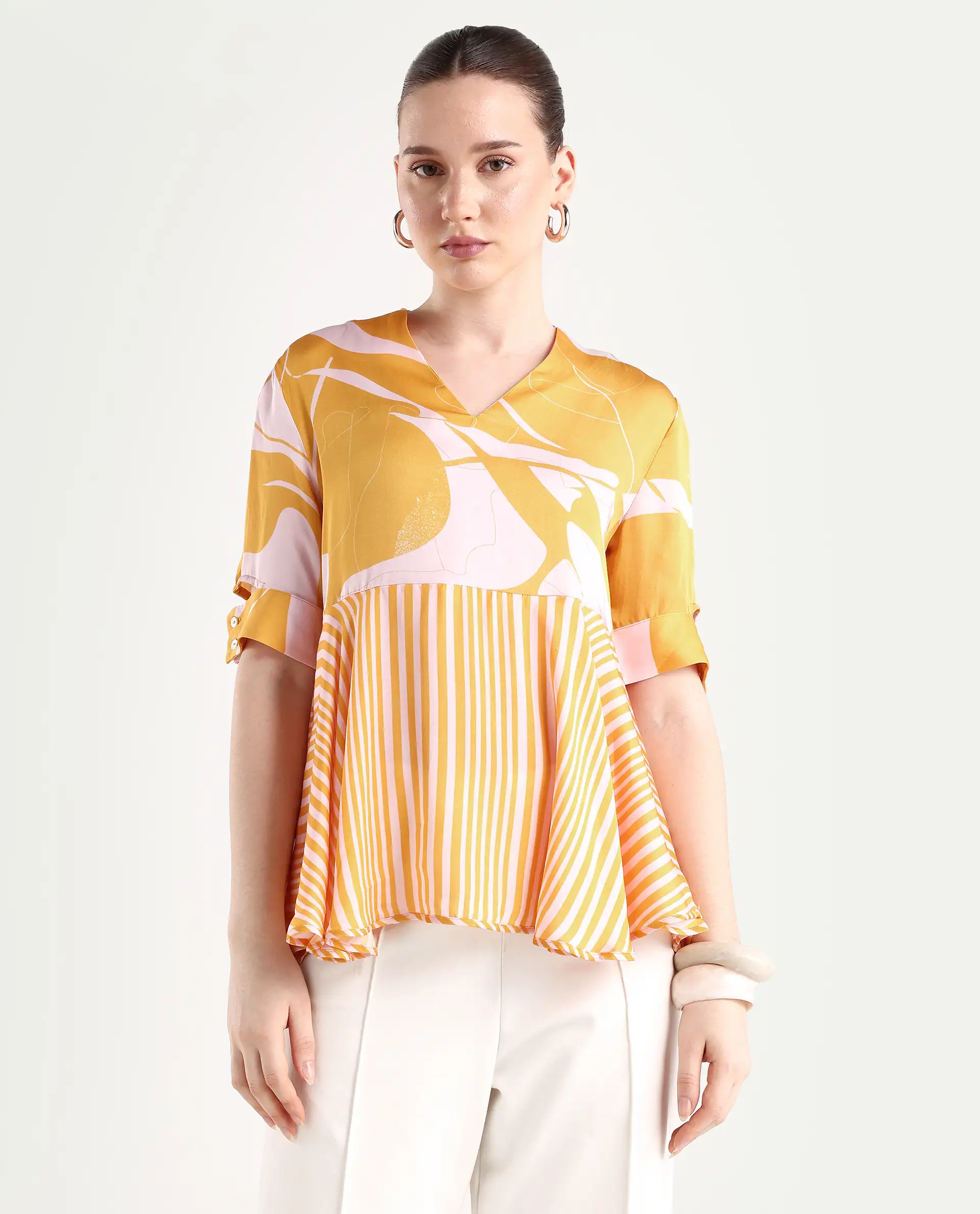 Rareism Women's Skimmia Mustard Modal V-Neck Abstract Print Regular Fit Top - Image 3