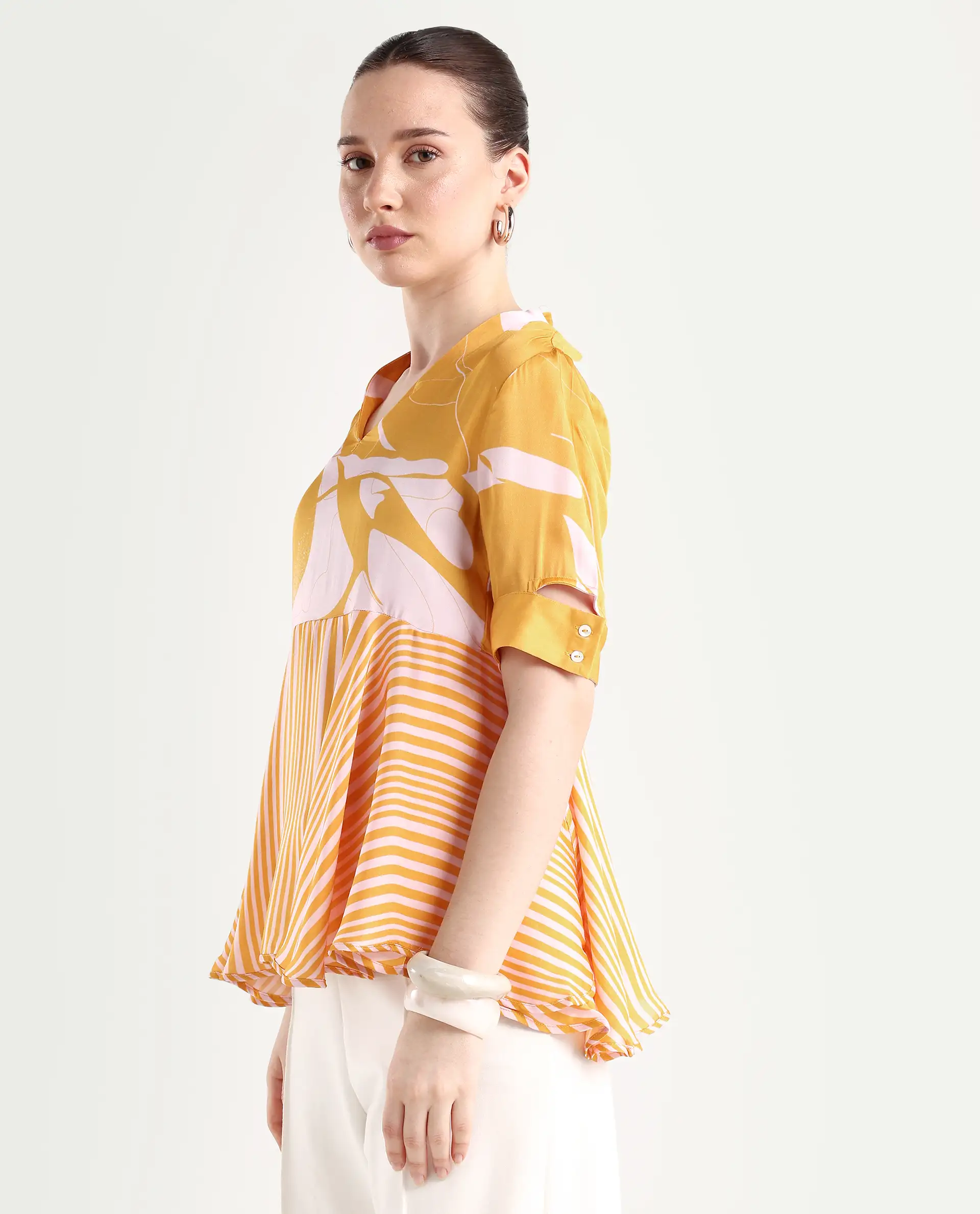 Rareism Women's Skimmia Mustard Modal V-Neck Abstract Print Regular Fit Top - Image 4